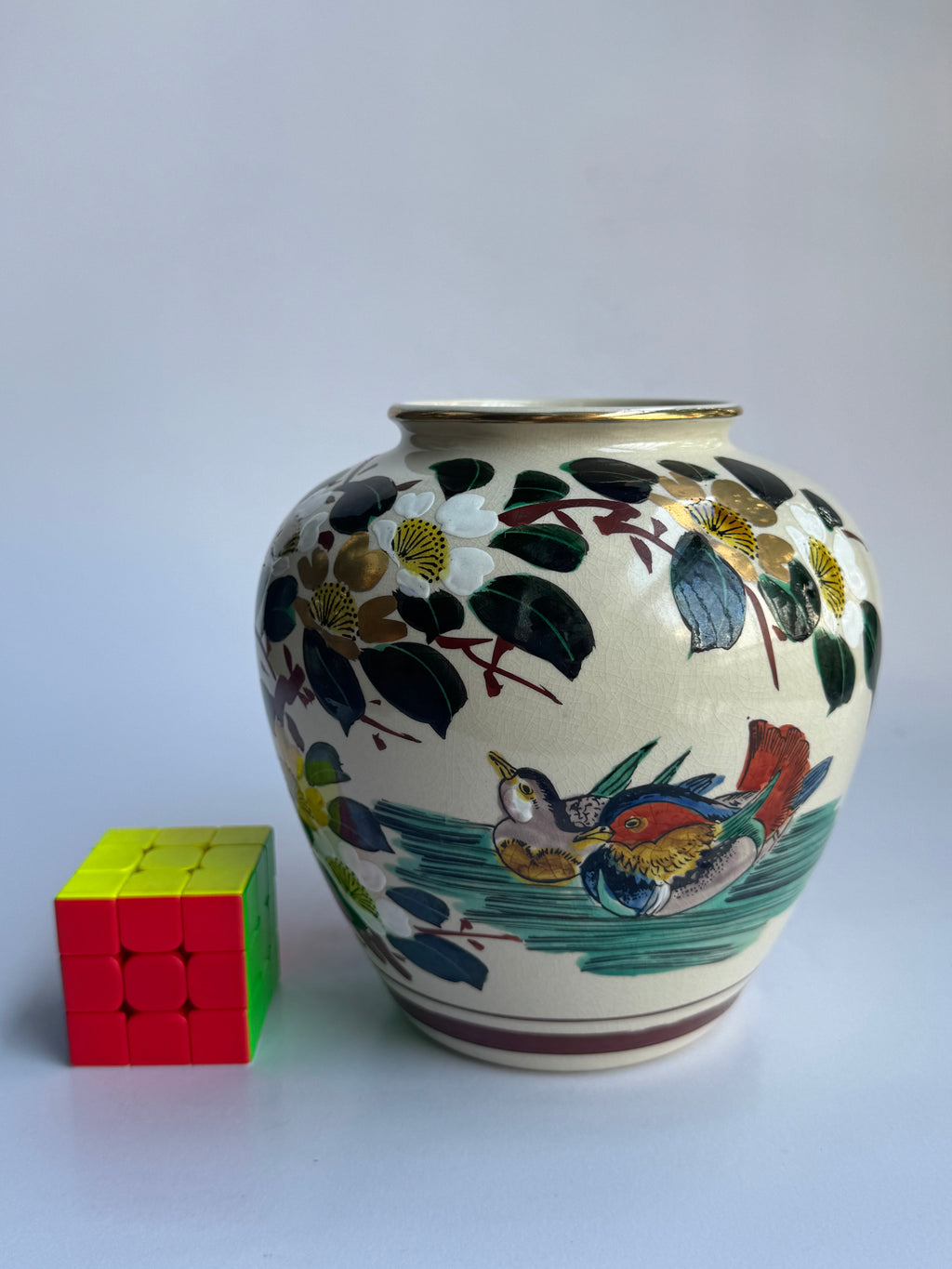 Vintage Kutani Vase with Mandarin Ducks & Golden Blossoms - Hand-Painted Japanese Art