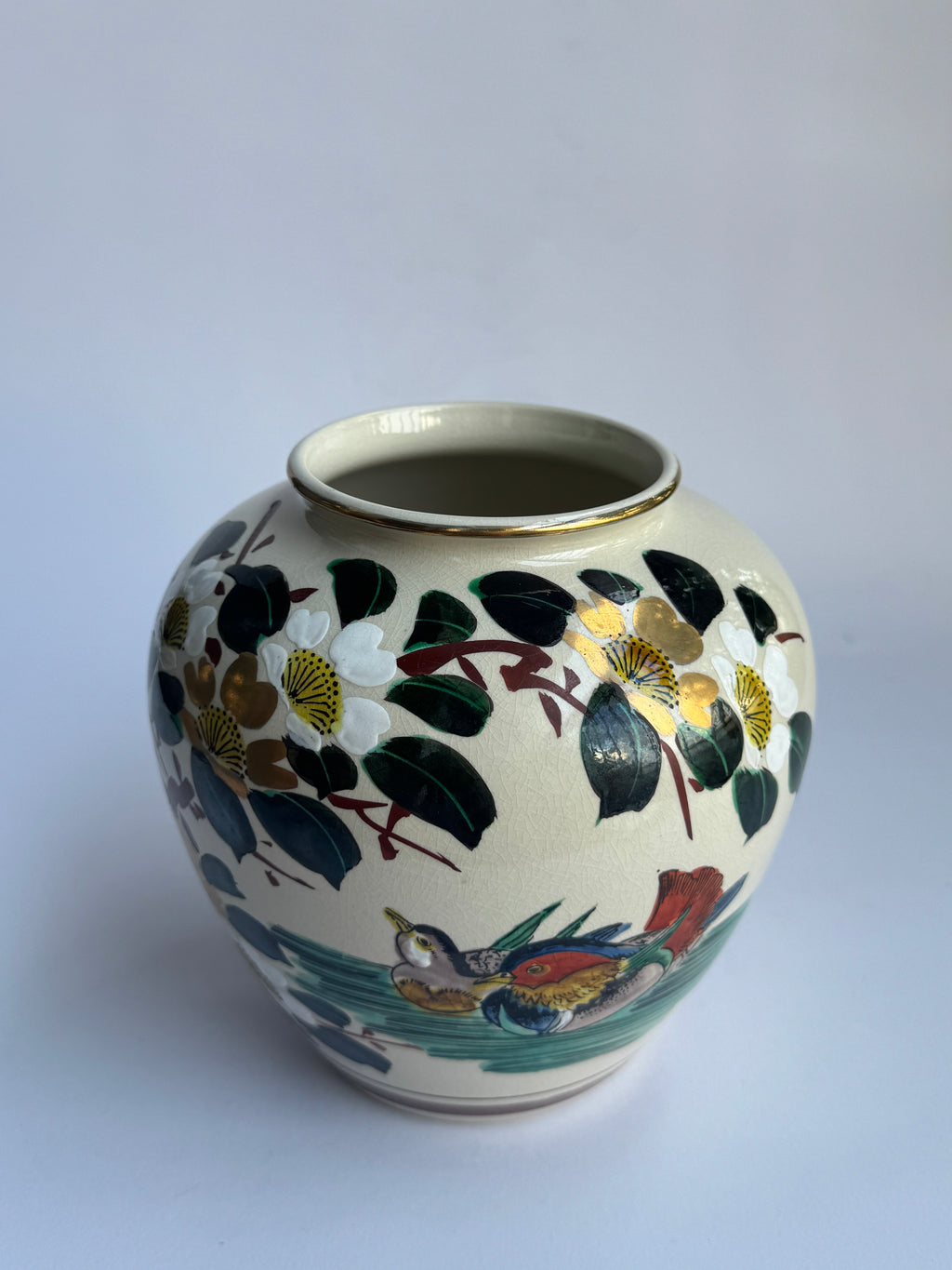 Vintage Kutani Vase with Mandarin Ducks & Golden Blossoms - Hand-Painted Japanese Art