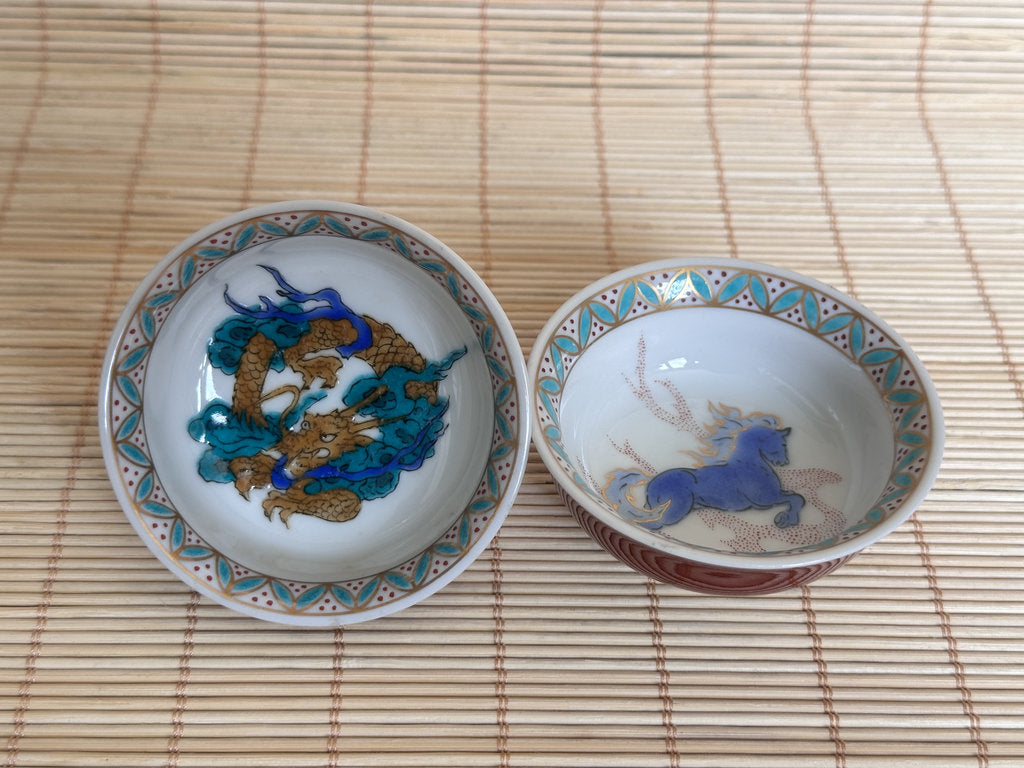 Kutani Kitayama Sake Cup Pair — Dragon & Fire Horse, Aka-e