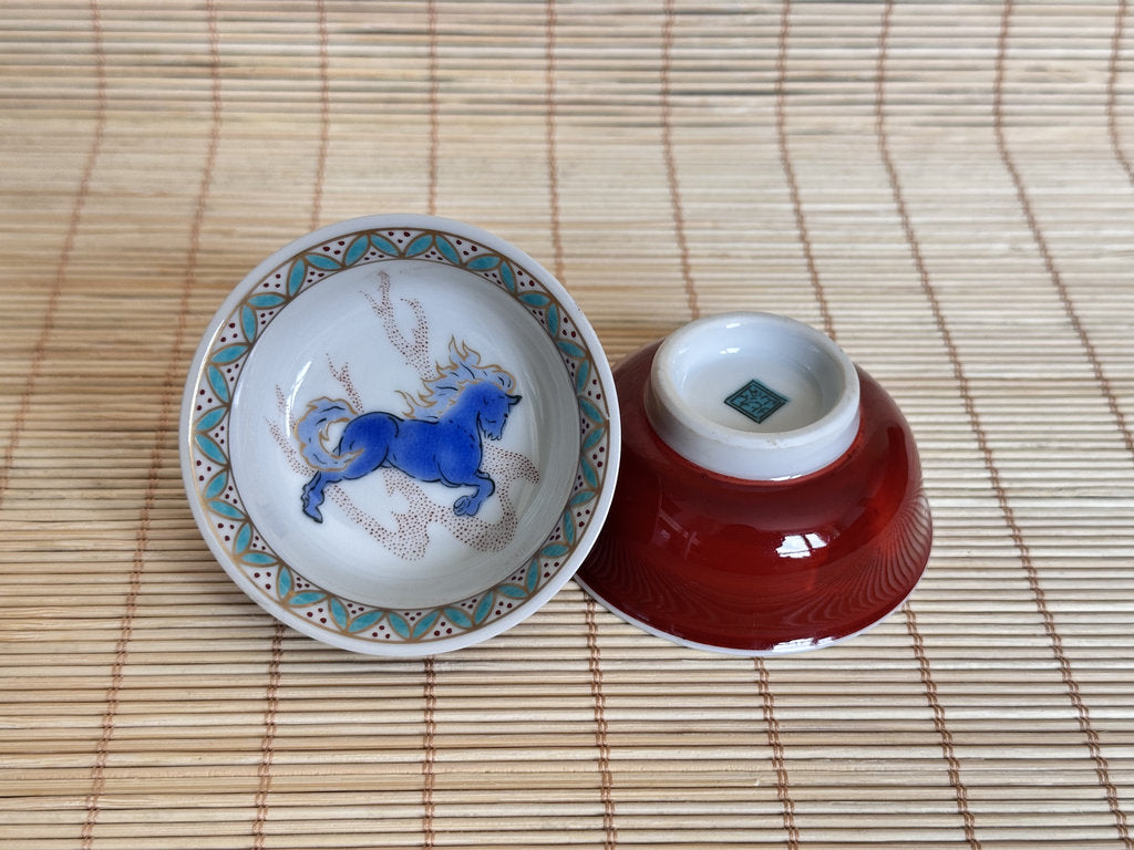 Kutani Kitayama Sake Cup Pair — Dragon & Fire Horse, Aka-e