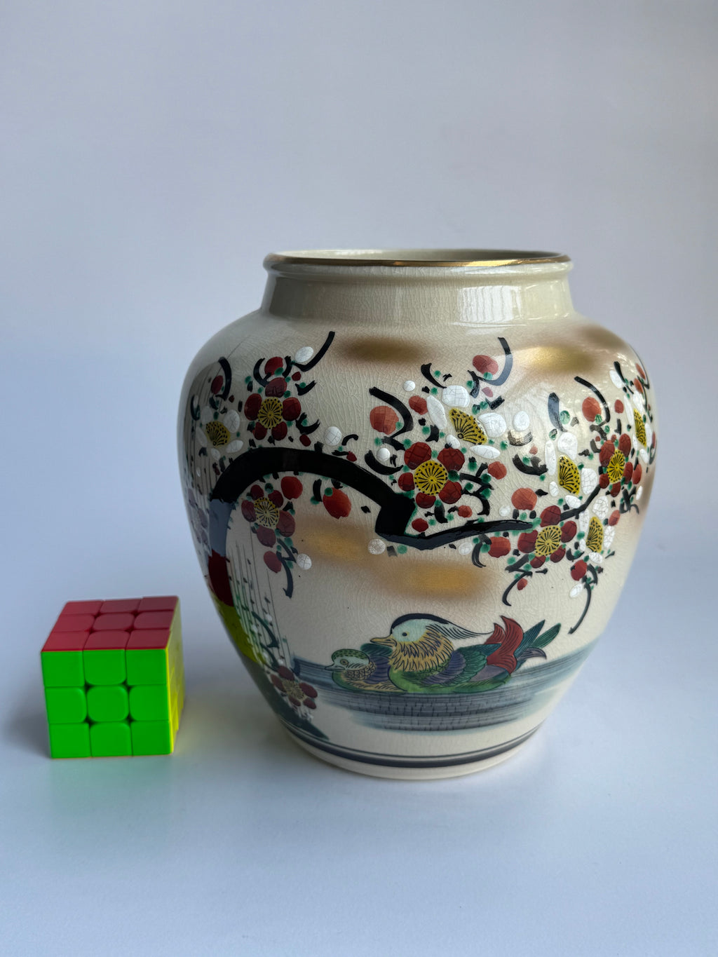 Kutani Vase with Mandarin Ducks & Sakura Blossoms . Hand-Painted Japanese Art