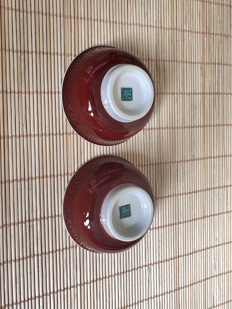 Kutani Kitayama Sake Cup Pair — Dragon & Fire Horse, Aka-e
