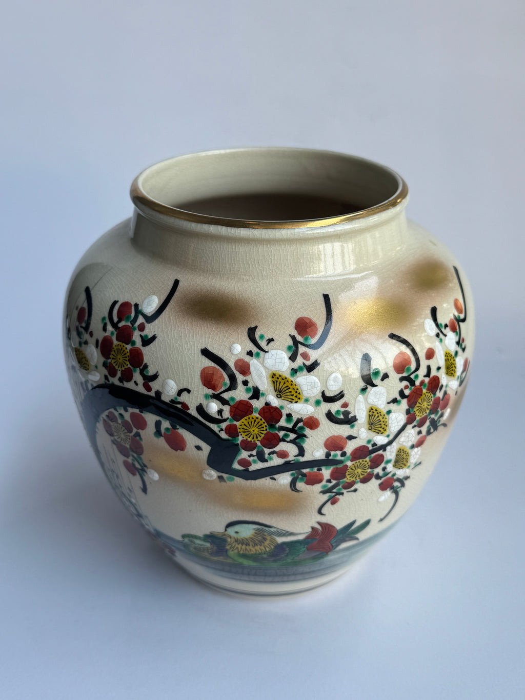 Kutani Vase with Mandarin Ducks & Sakura Blossoms . Hand-Painted Japanese Art