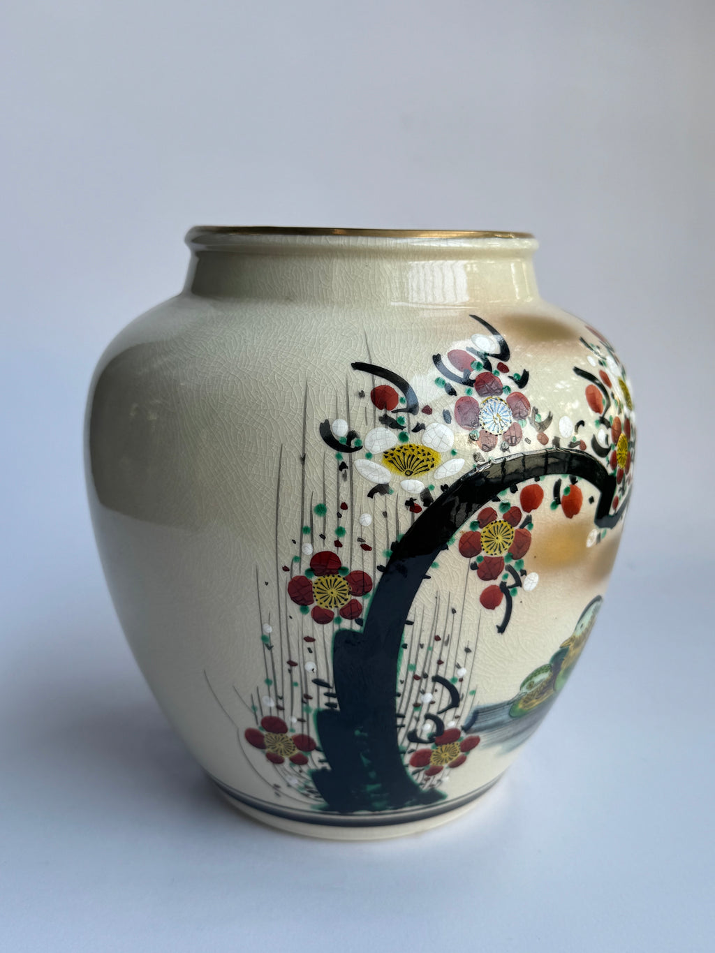 Kutani Vase with Mandarin Ducks & Sakura Blossoms . Hand-Painted Japanese Art