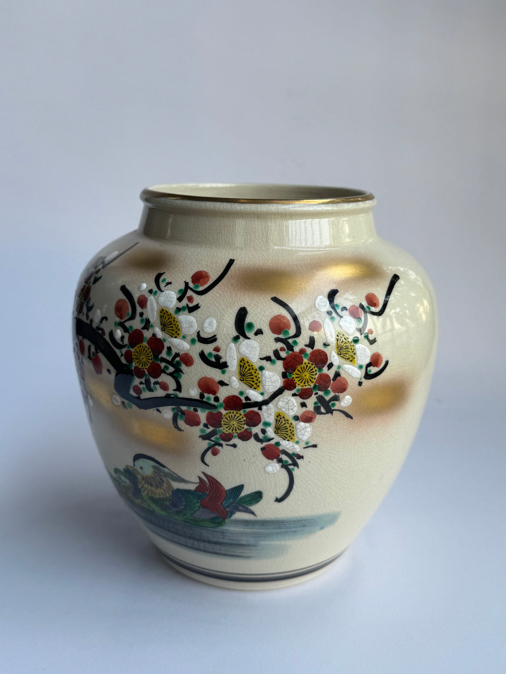 Kutani Vase with Mandarin Ducks & Sakura Blossoms . Hand-Painted Japanese Art