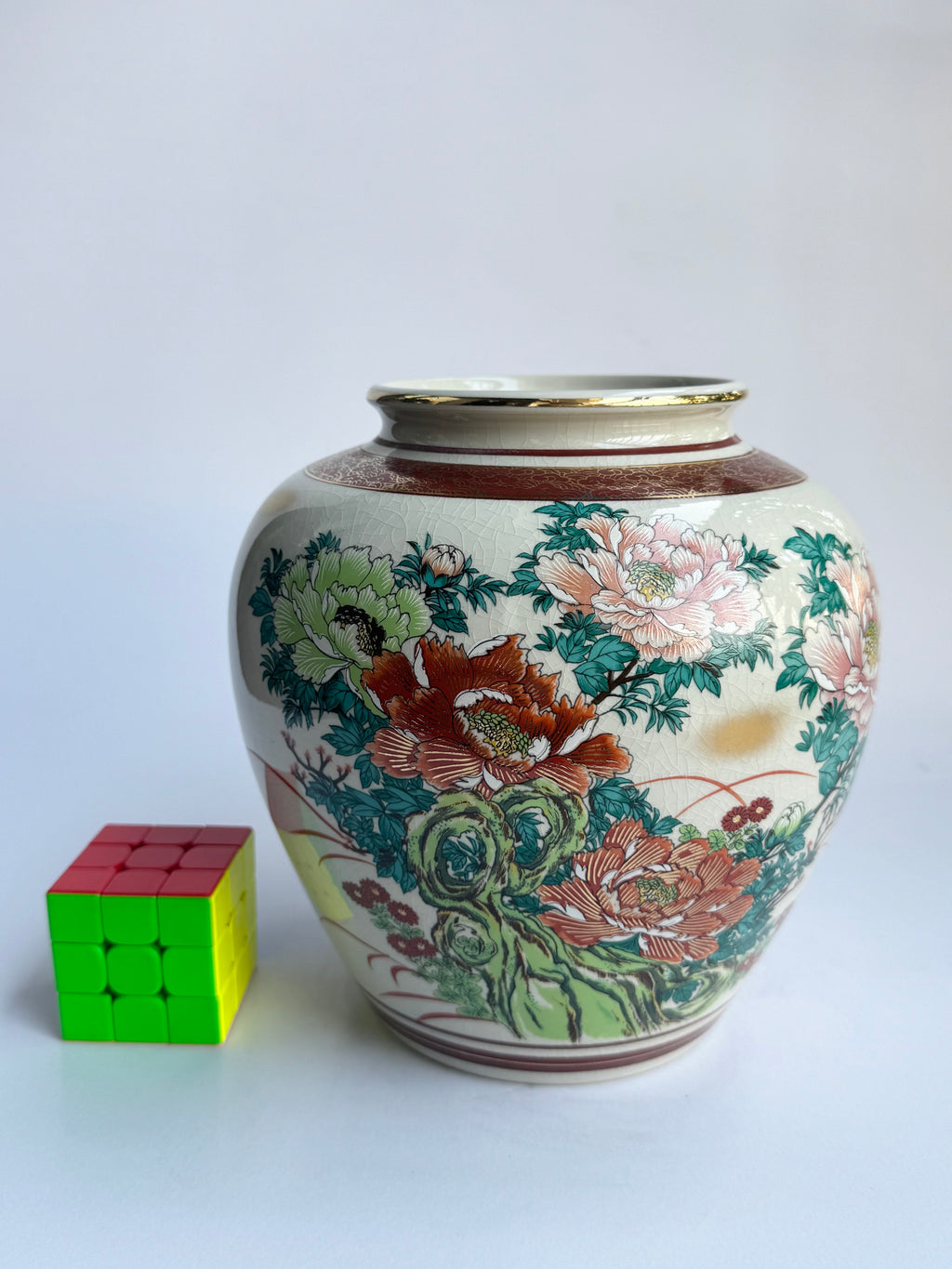 Vintage Japanese Kutani Vase with Peony Flowers . Hand-Painted Porcelain Art