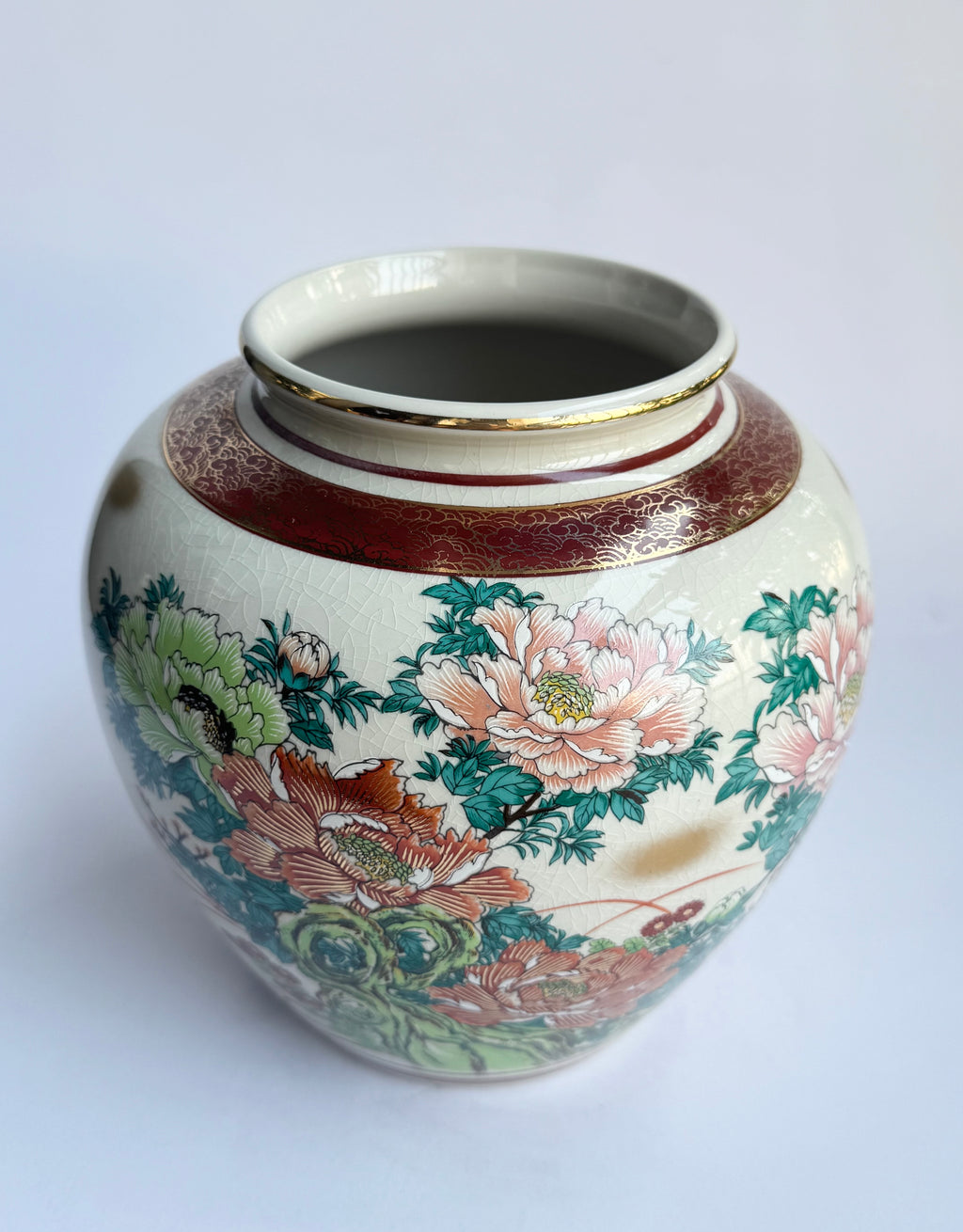 Vintage Japanese Kutani Vase with Peony Flowers . Hand-Painted Porcelain Art
