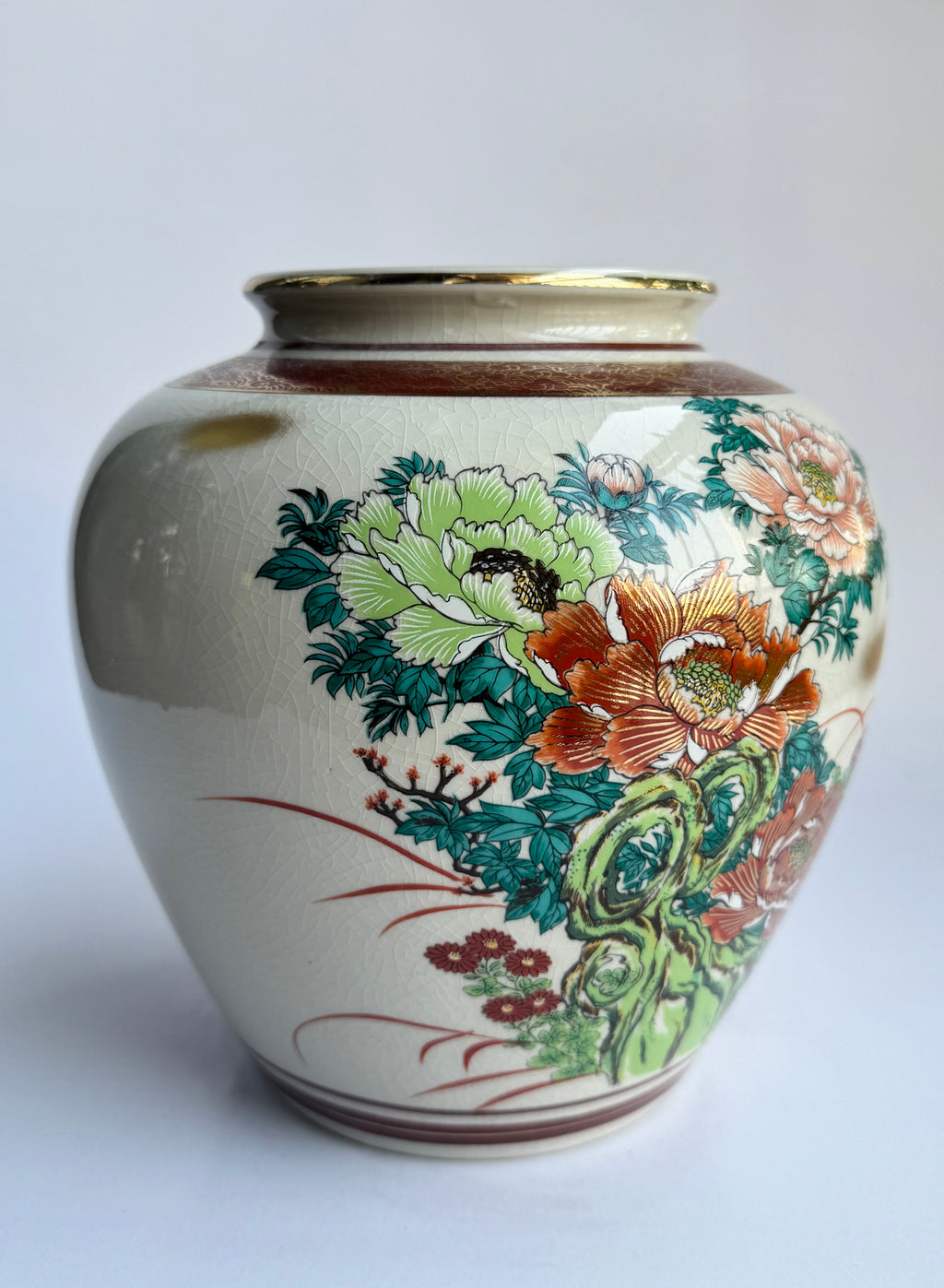 Vintage Japanese Kutani Vase with Peony Flowers . Hand-Painted Porcelain Art