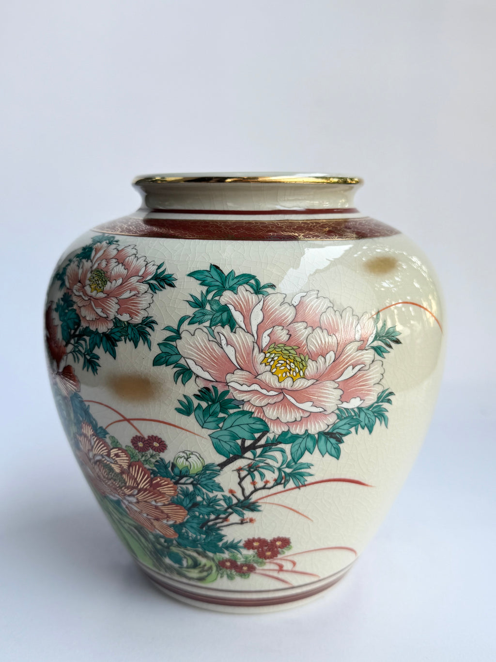Vintage Japanese Kutani Vase with Peony Flowers . Hand-Painted Porcelain Art