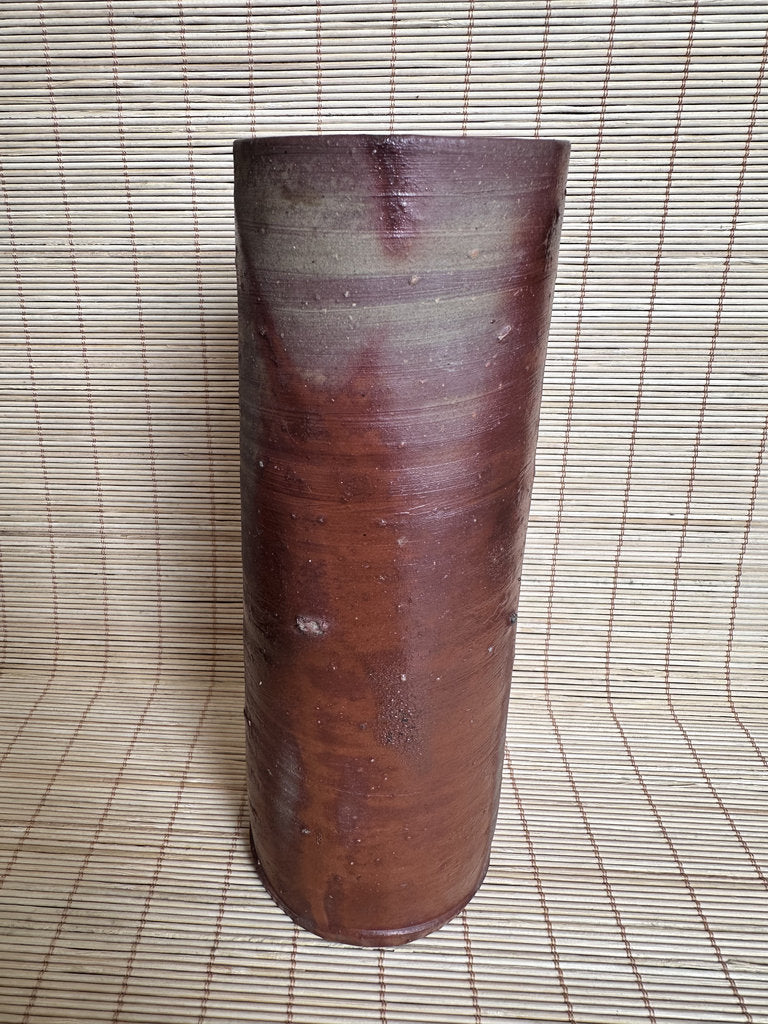 Japanese Bizen Ware Ikebana Vase | Hidasuki Scarlet Cord | Cylinder Hanaire | Goma Fire Marks | Wood-Fired Yakishime | Wabi-Sabi Flower Vase