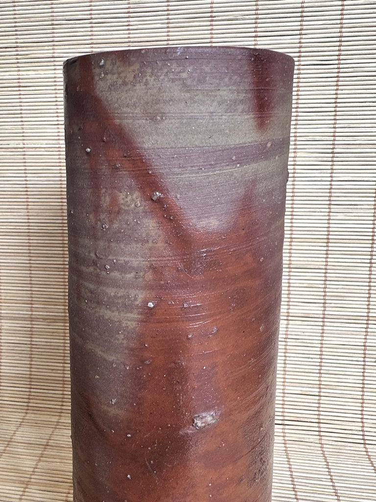 Japanese Bizen Ware Ikebana Vase | Hidasuki Scarlet Cord | Cylinder Hanaire | Goma Fire Marks | Wood-Fired Yakishime | Wabi-Sabi Flower Vase