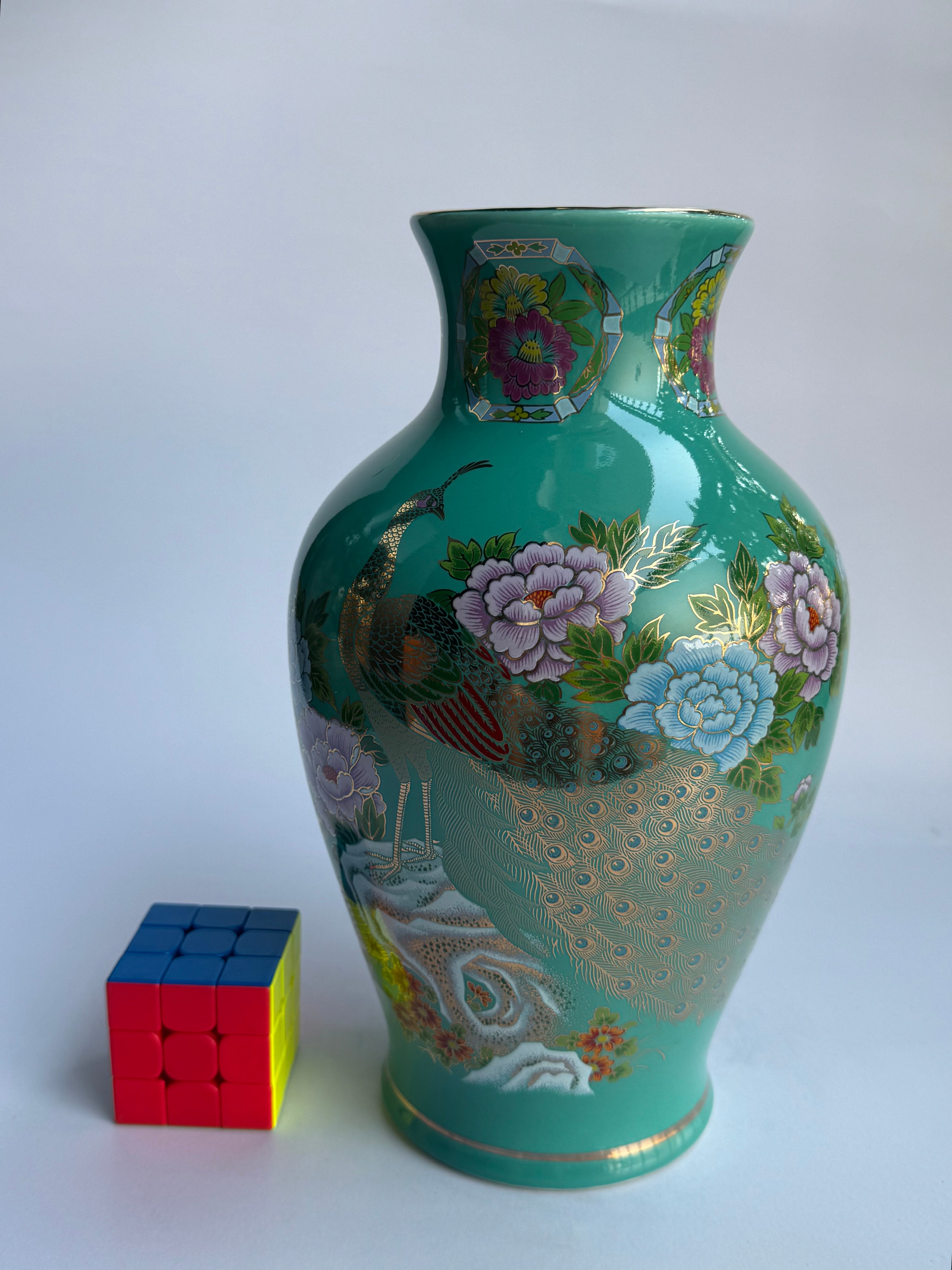 Rare Kutani Jade-Green Vase Pair – Hand-Painted Peacocks & Peonies (Set of 2)