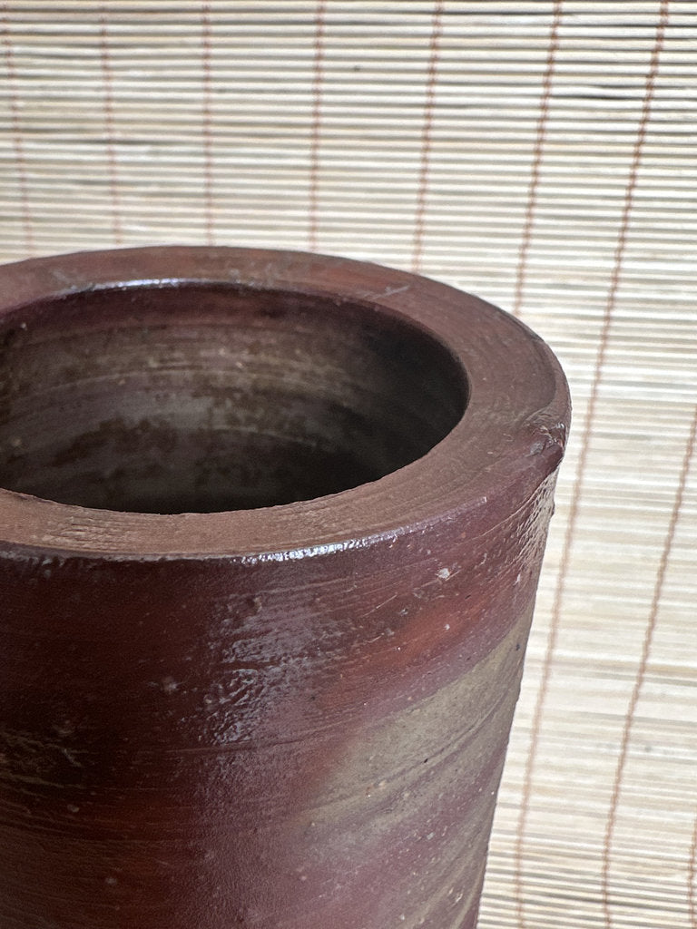 Japanese Bizen Ware Ikebana Vase | Hidasuki Scarlet Cord | Cylinder Hanaire | Goma Fire Marks | Wood-Fired Yakishime | Wabi-Sabi Flower Vase