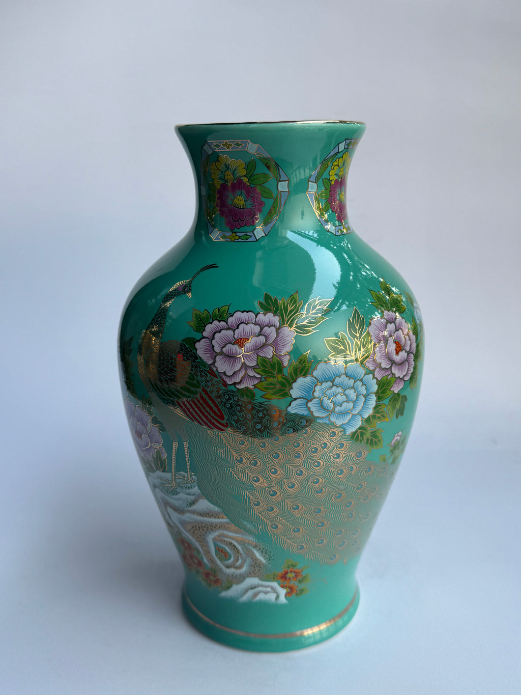 Rare Kutani Jade-Green Vase Pair – Hand-Painted Peacocks & Peonies (Set of 2)