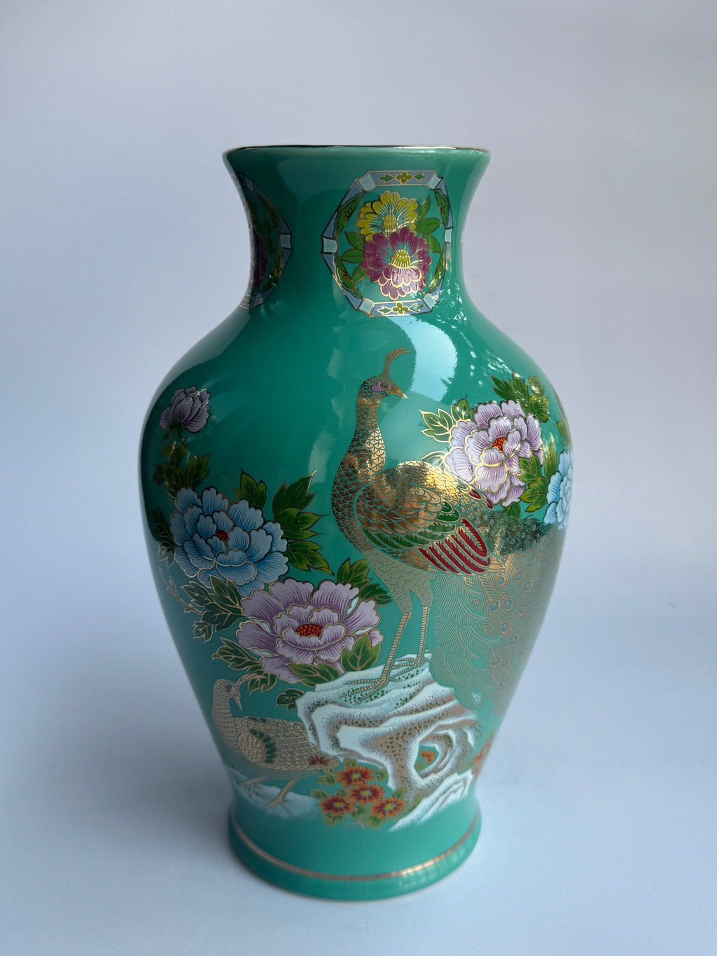 Rare Kutani Jade-Green Vase Pair – Hand-Painted Peacocks & Peonies (Set of 2)
