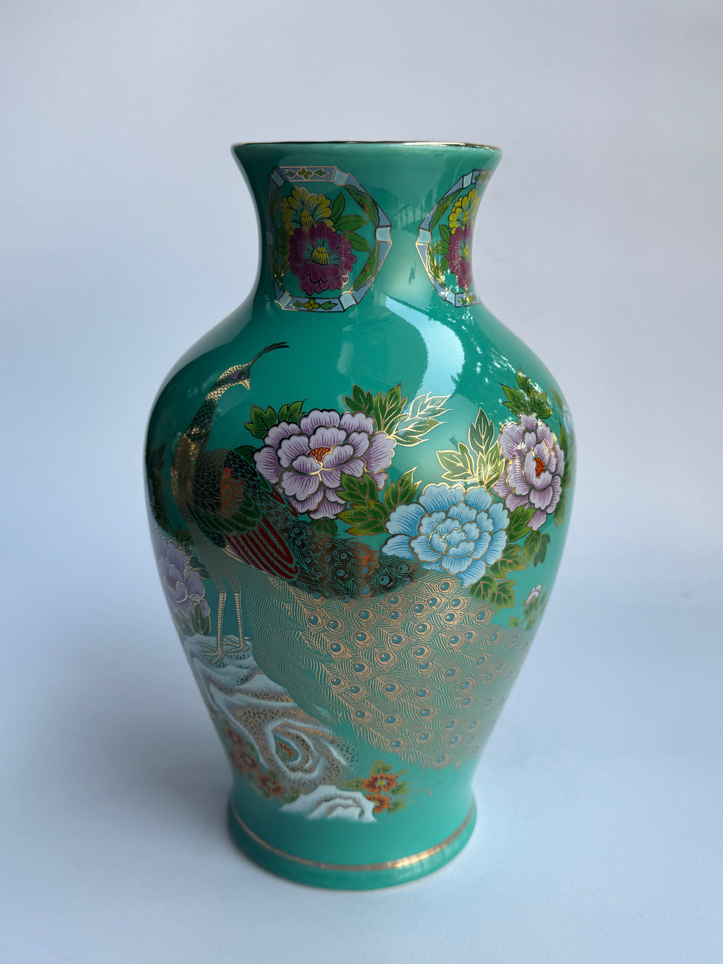 Rare Kutani Jade-Green Vase Pair – Hand-Painted Peacocks & Peonies (Set of 2)