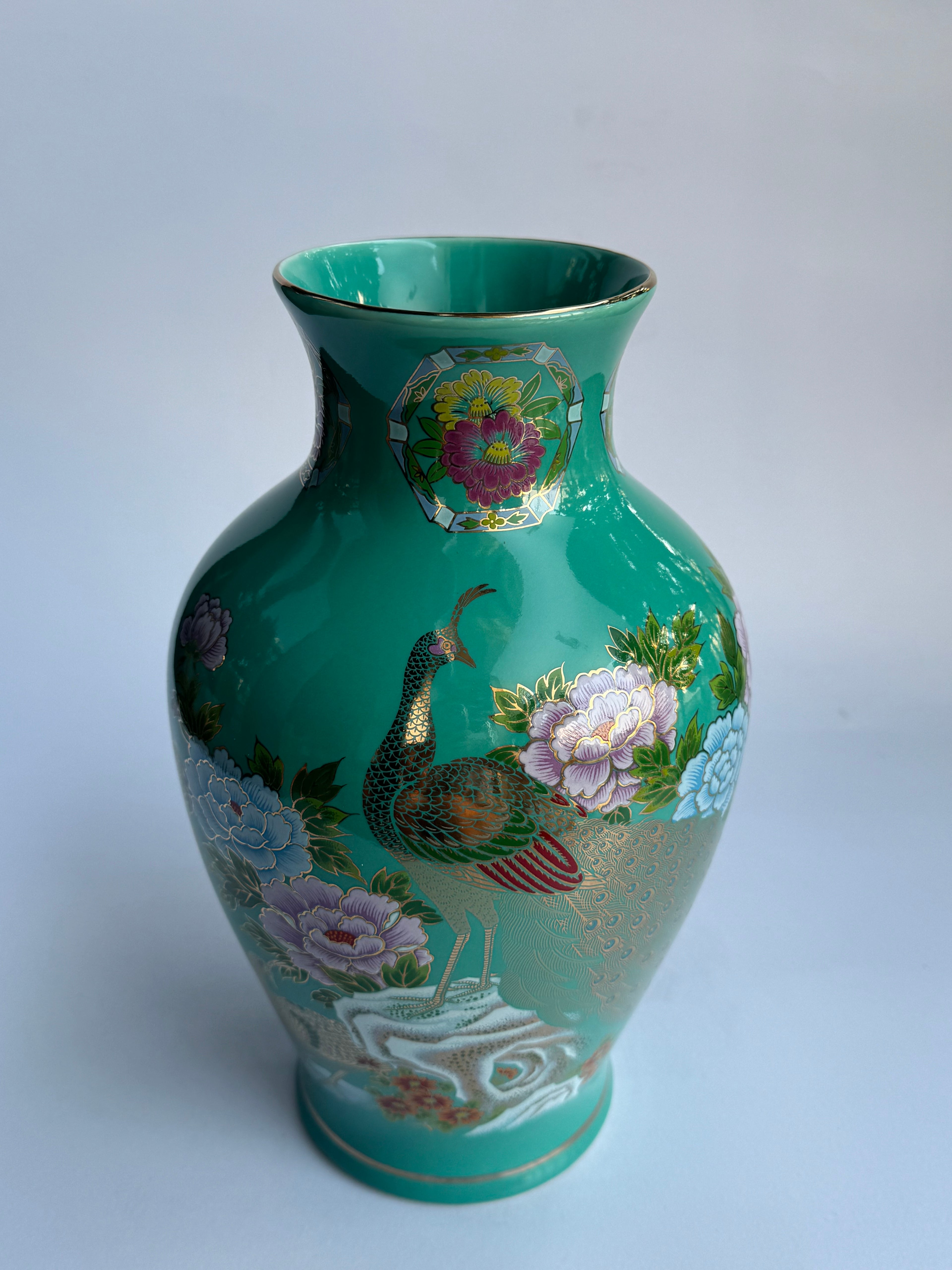Rare Kutani Jade-Green Vase Pair – Hand-Painted Peacocks & Peonies (Set of 2)