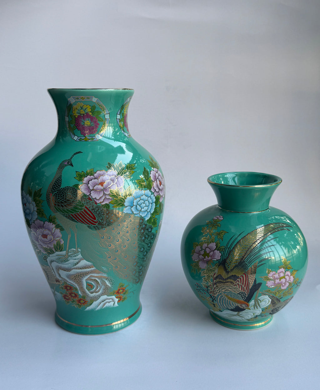 Rare Kutani Jade-Green Vase Pair – Hand-Painted Peacocks & Peonies (Set of 2)