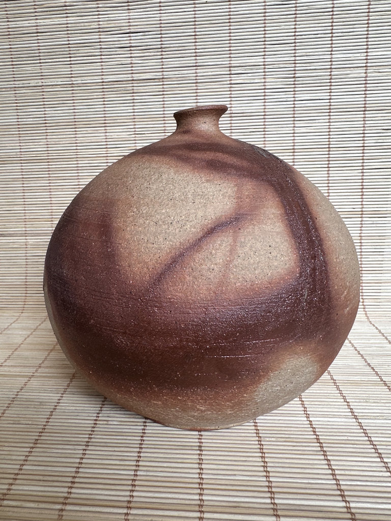 Japanese Moon Jar Vase | Yakishime Hidasuki Scarlet | Shigaraki Style | Six Ancient Kilns | Wabi-Sabi Tsubo | Wood-Fired Stoneware | Display Vase