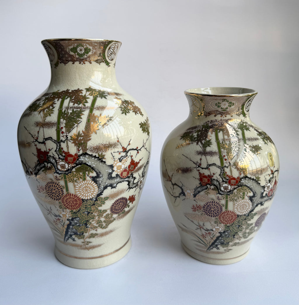 Satsuma Vases . Gold Glaze with Pine, Bamboo & Plum Motifs