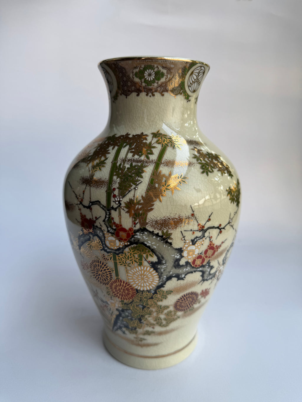 Set of 2 Vintage Satsuma Vases . Gold Glaze with Pine, Bamboo & Plum Motifs