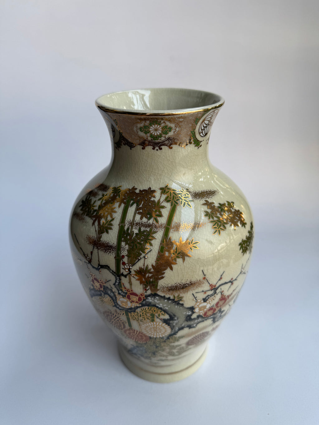 Set of 2 Vintage Satsuma Vases . Gold Glaze with Pine, Bamboo & Plum Motifs