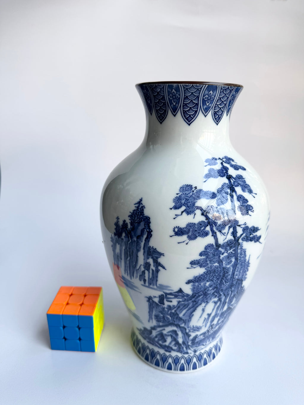 Arita Blue-and-White Landscape Vase . Hand-Painted Japanese Porcelain