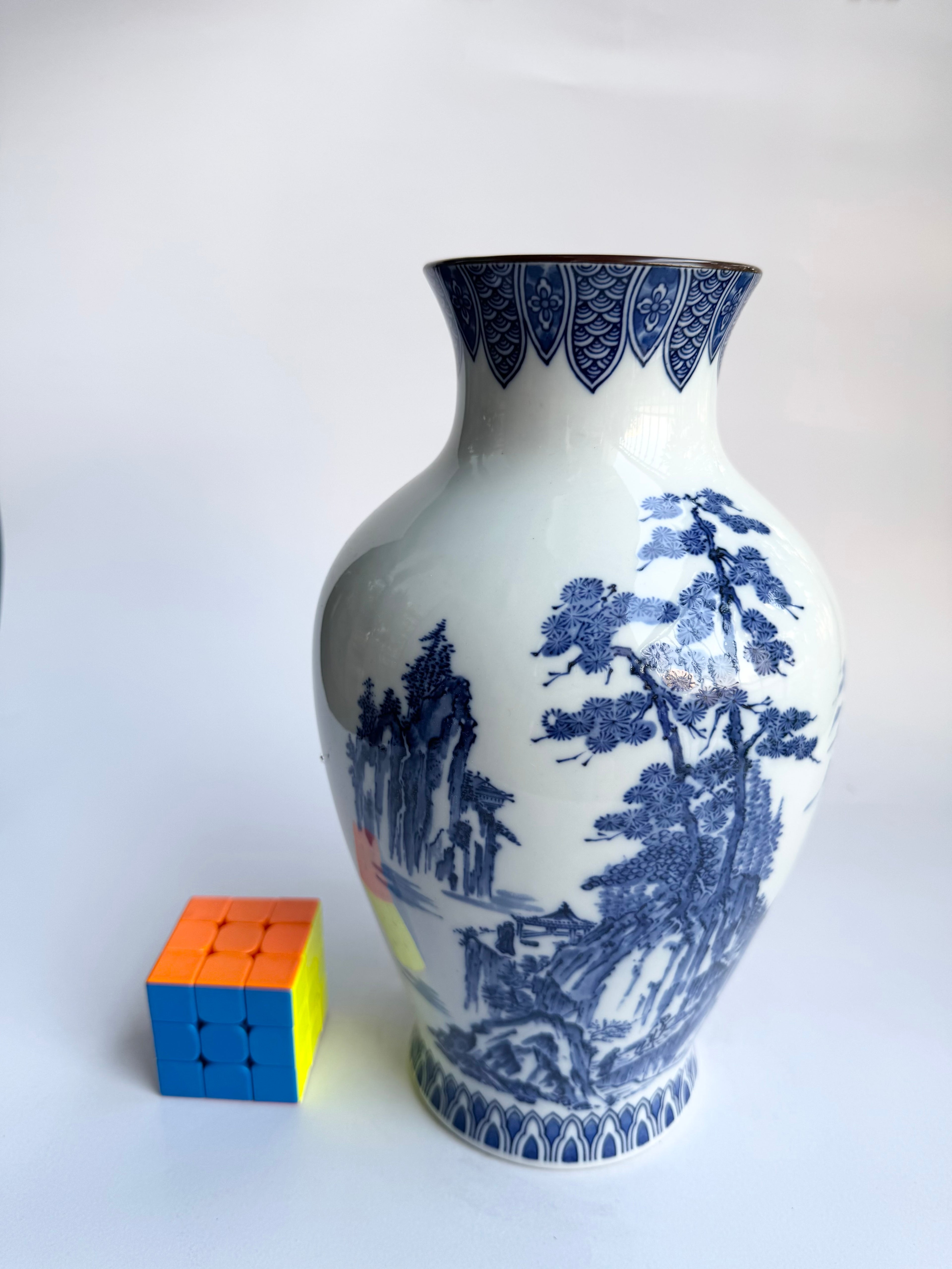 Arita Blue-and-White Landscape Vase . Hand-Painted Japanese Porcelain