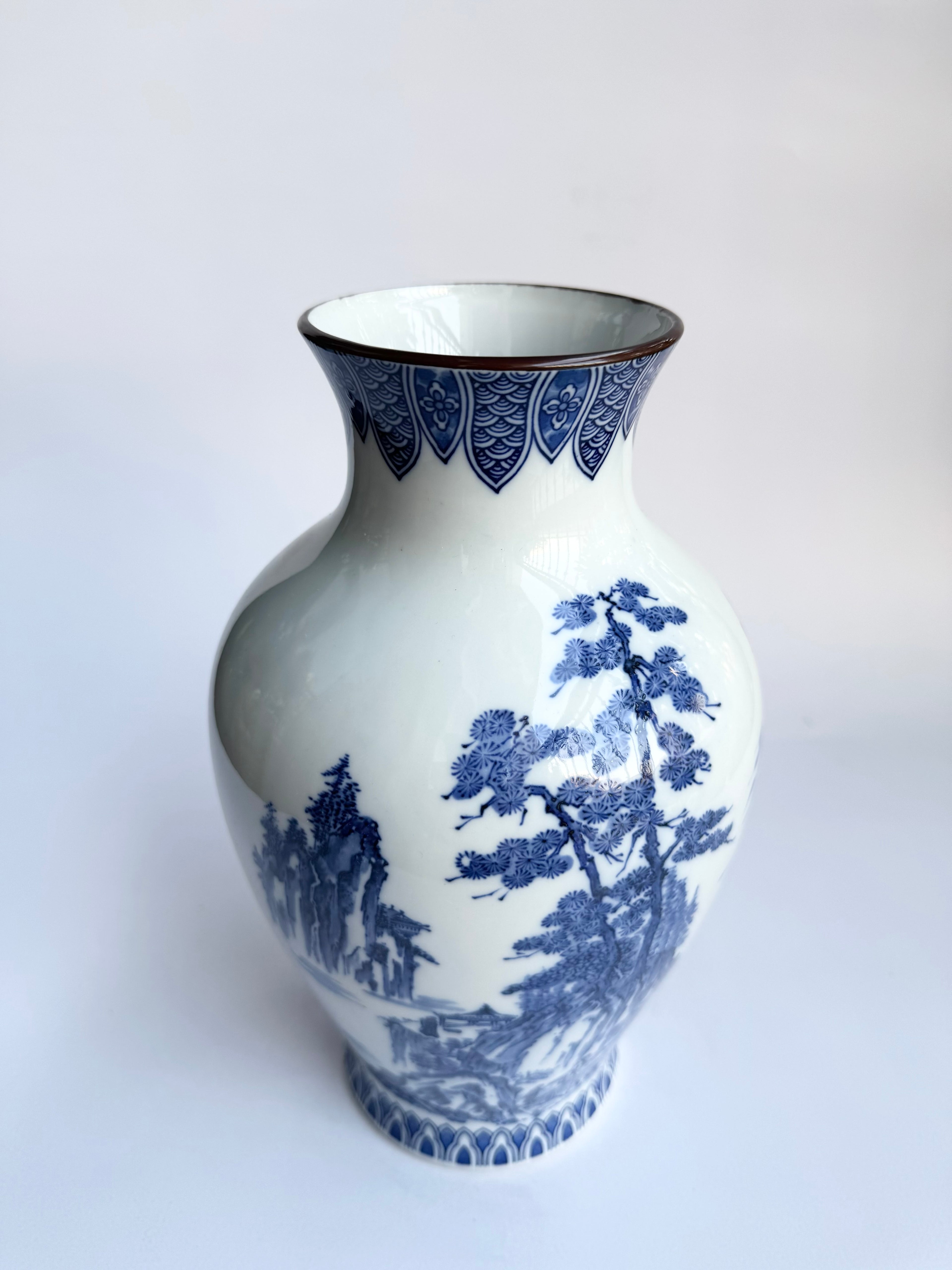 Arita Blue-and-White Landscape Vase . Hand-Painted Japanese Porcelain
