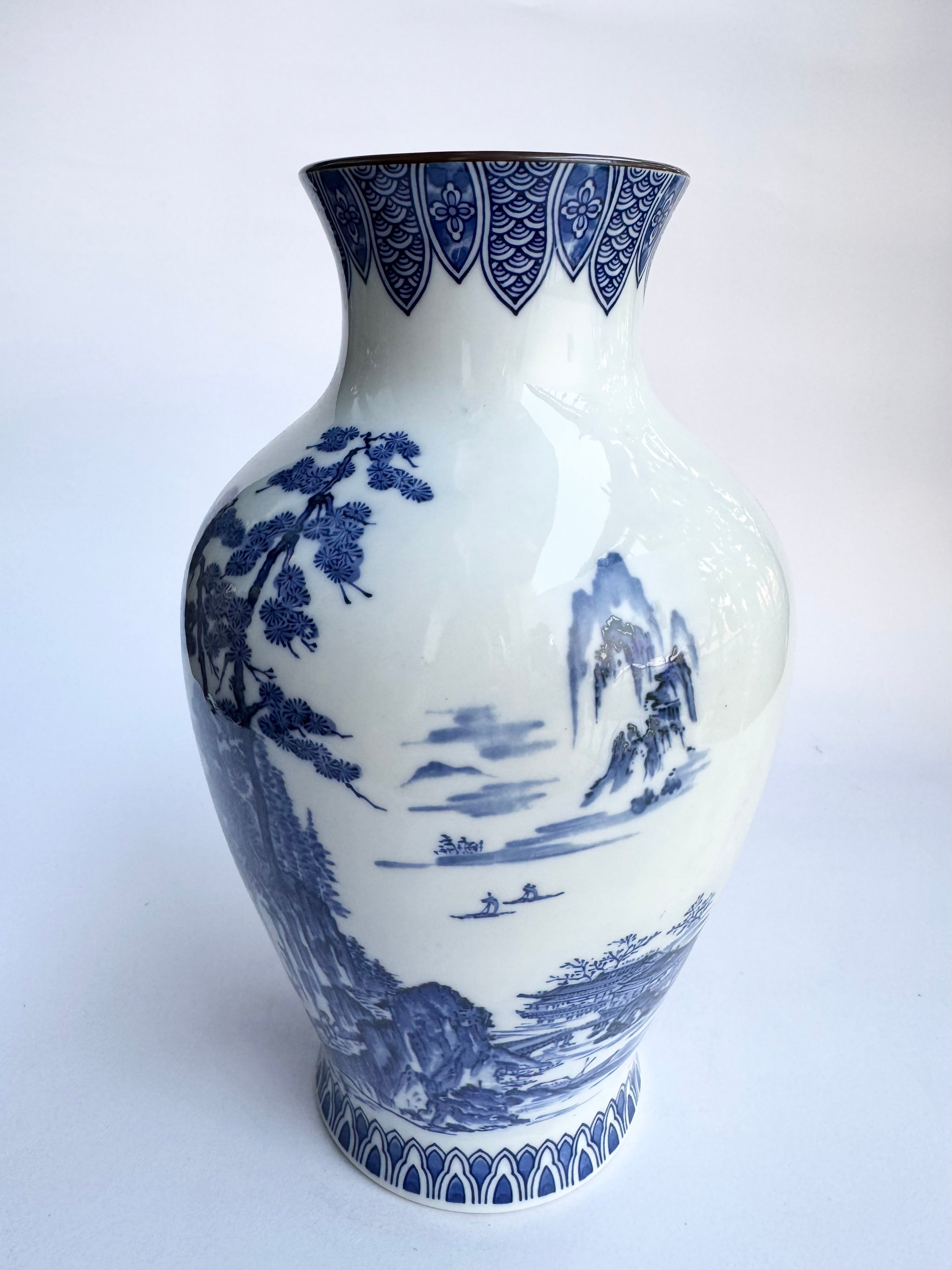 Arita Blue-and-White Landscape Vase . Hand-Painted Japanese Porcelain