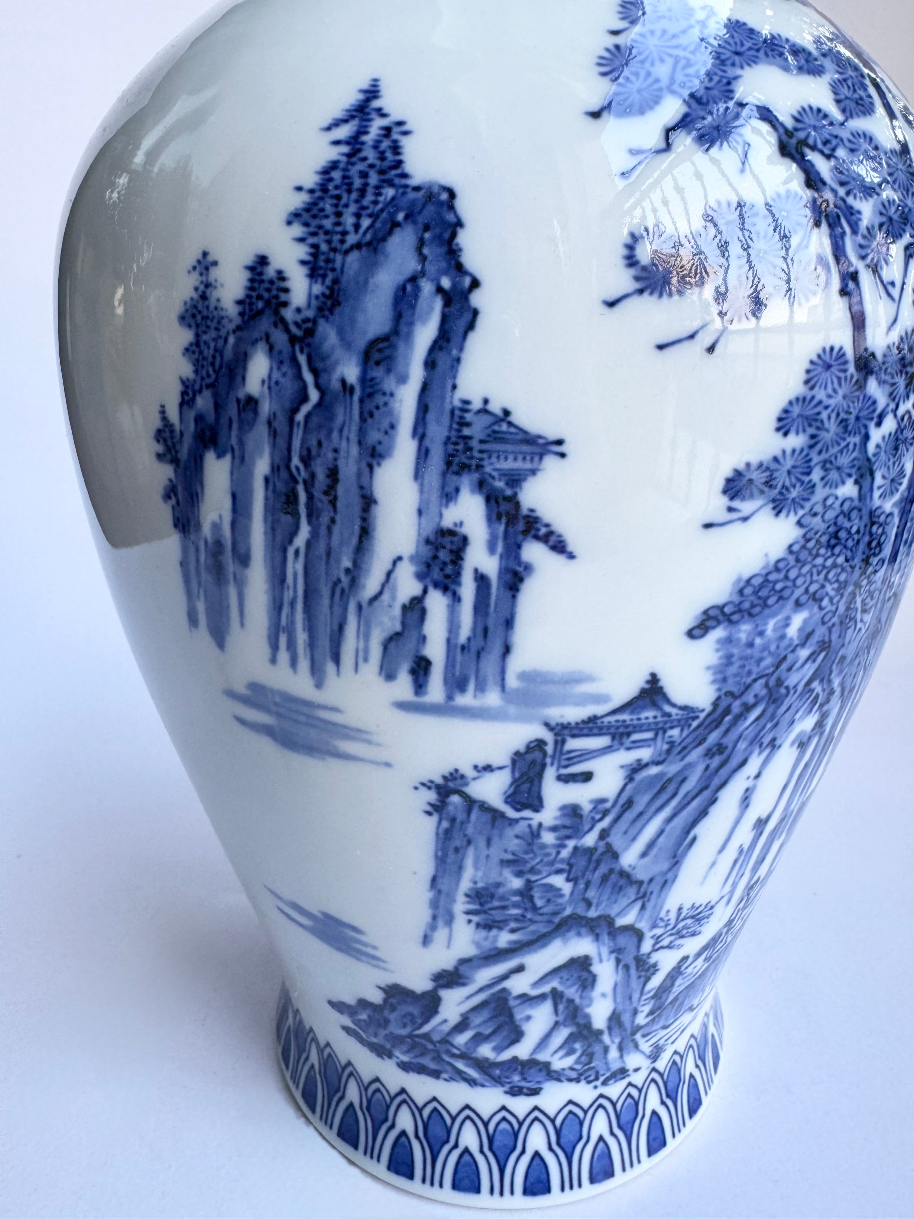 Arita Blue-and-White Landscape Vase . Hand-Painted Japanese Porcelain
