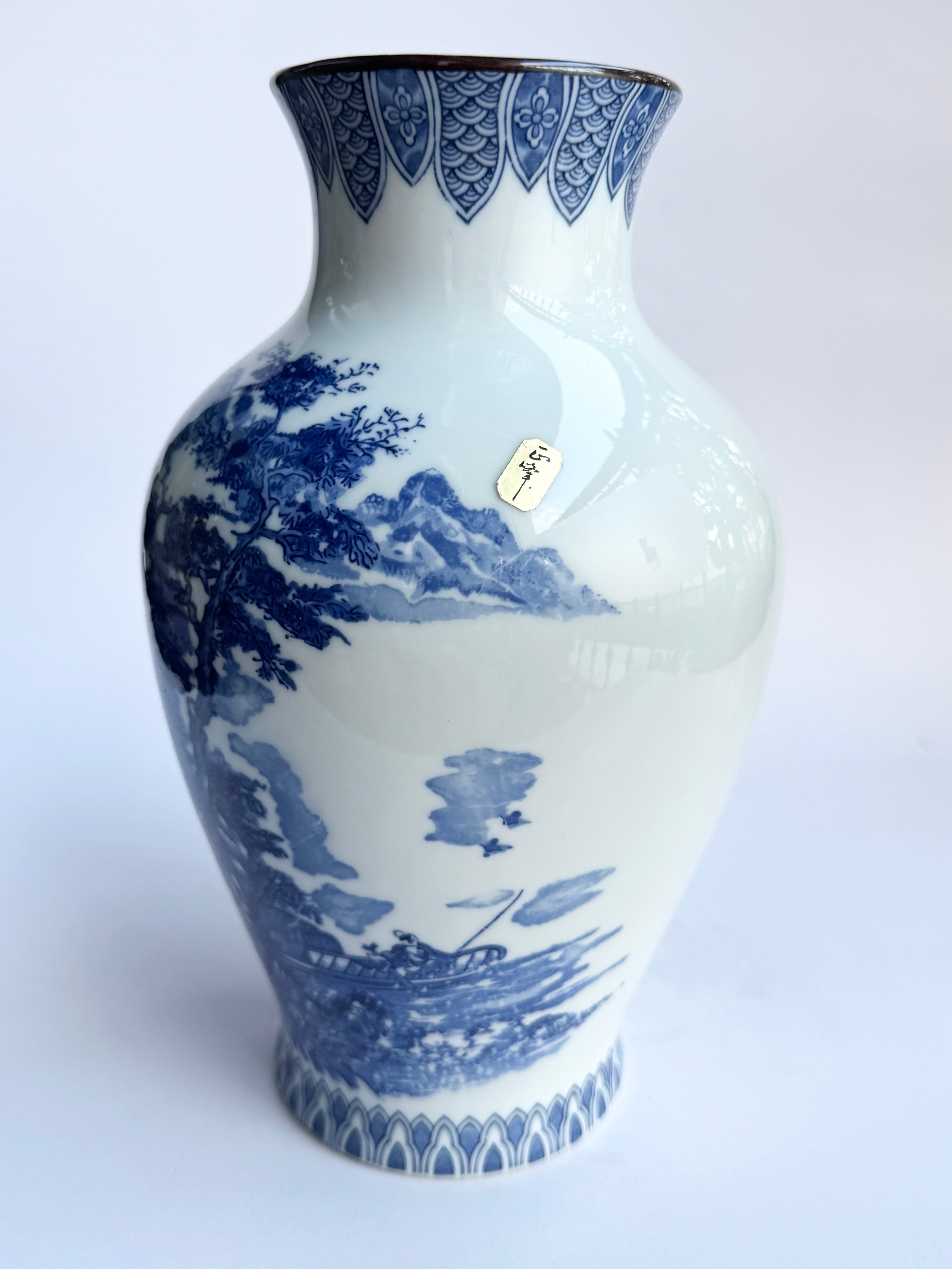 Arita Blue & White Landscape Vase – Hand-Painted Japanese Porcelain (Tall Scenic Mountain Design)