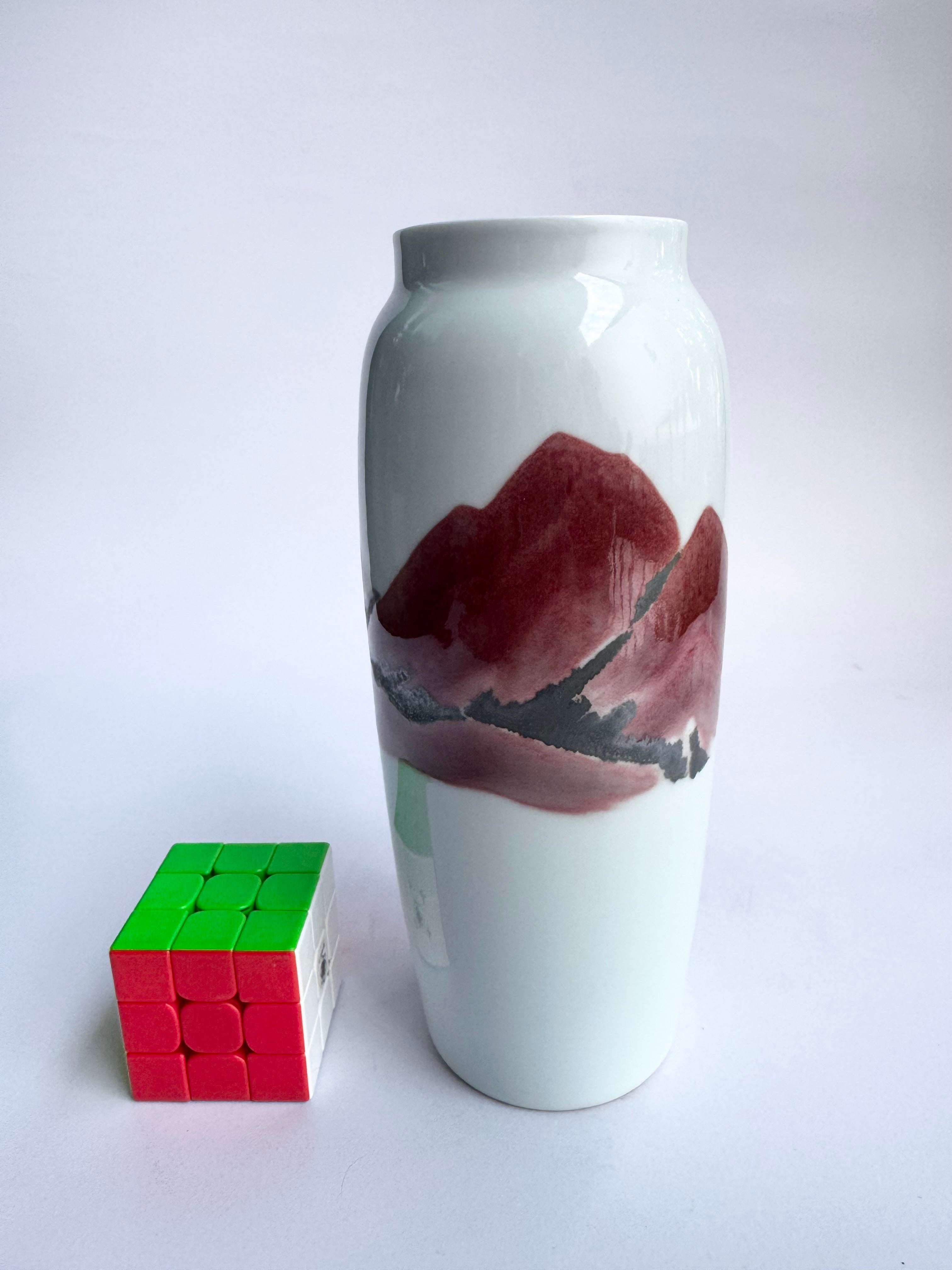 Handcrafted White Porcelain Vase - Hand-Painted Red Mountain Landscape | Minimalist Japanese Art Decor