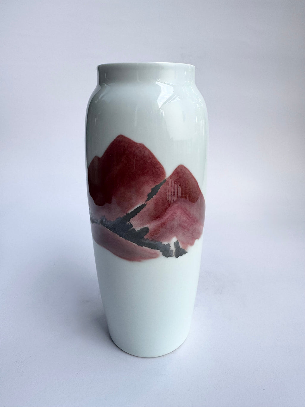 Handcrafted White Porcelain Vase - Hand-Painted Red Mountain Landscape | Minimalist Japanese Art Decor