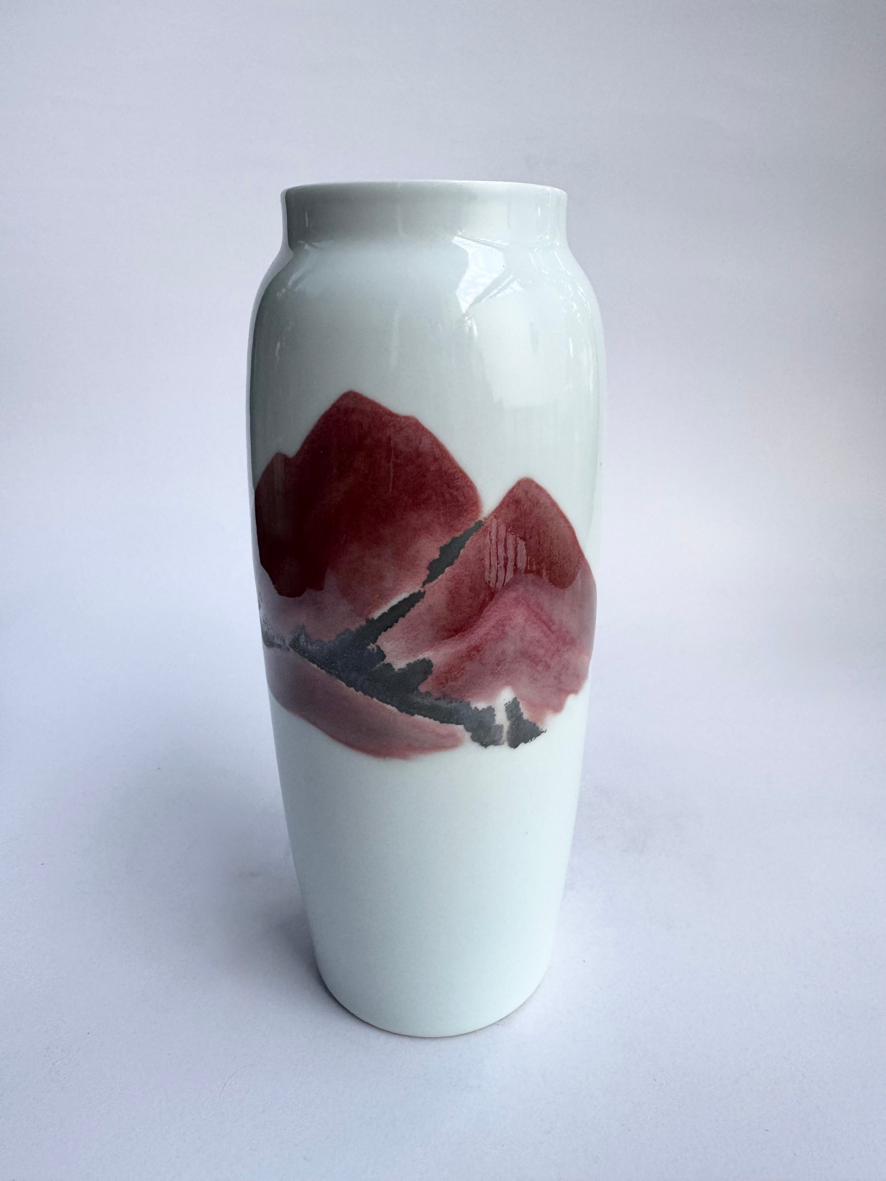 Handcrafted White Porcelain Vase - Hand-Painted Red Mountain Landscape | Minimalist Japanese Art Decor