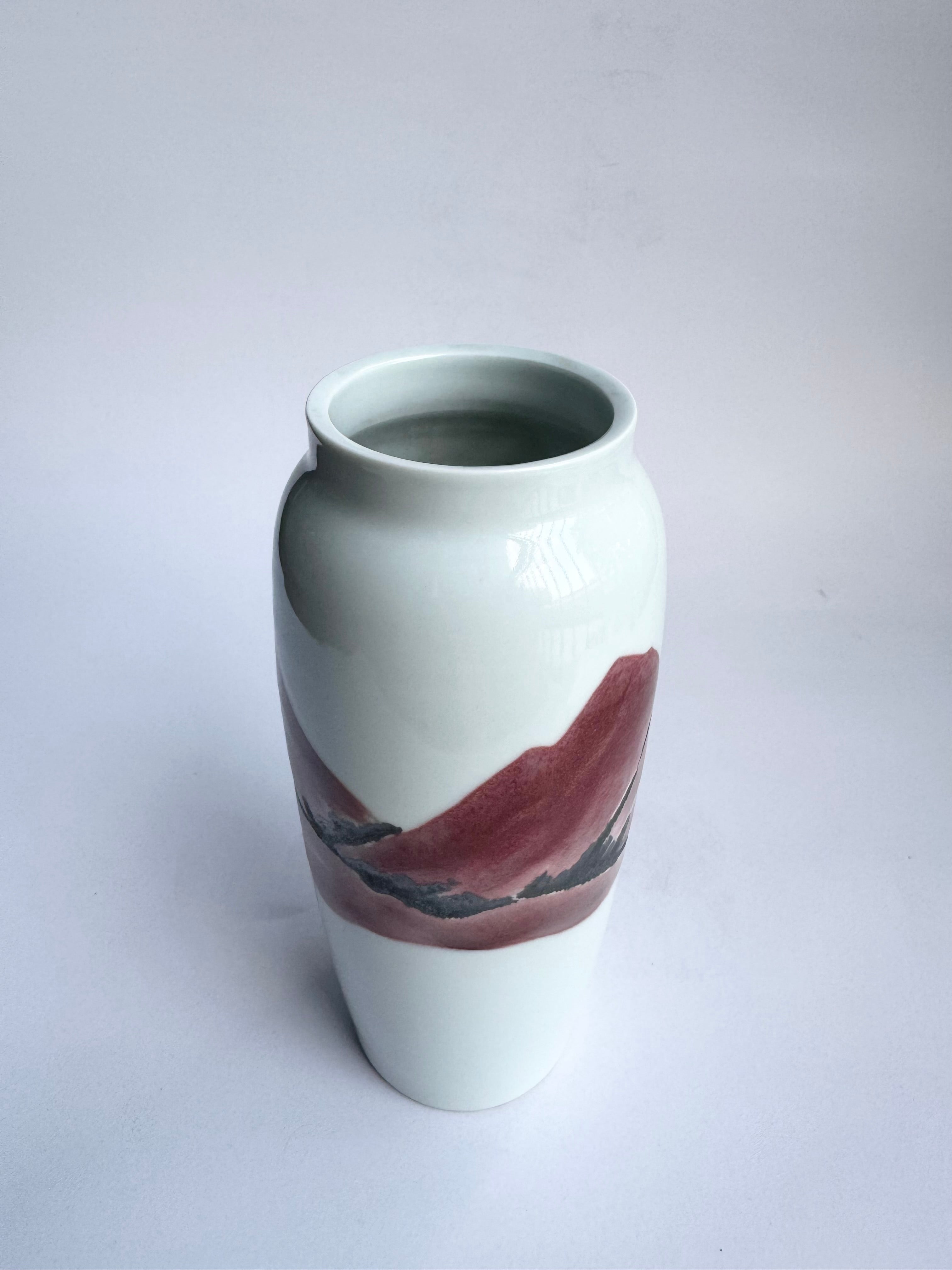 Handcrafted White Porcelain Vase - Hand-Painted Red Mountain Landscape | Minimalist Japanese Art Decor