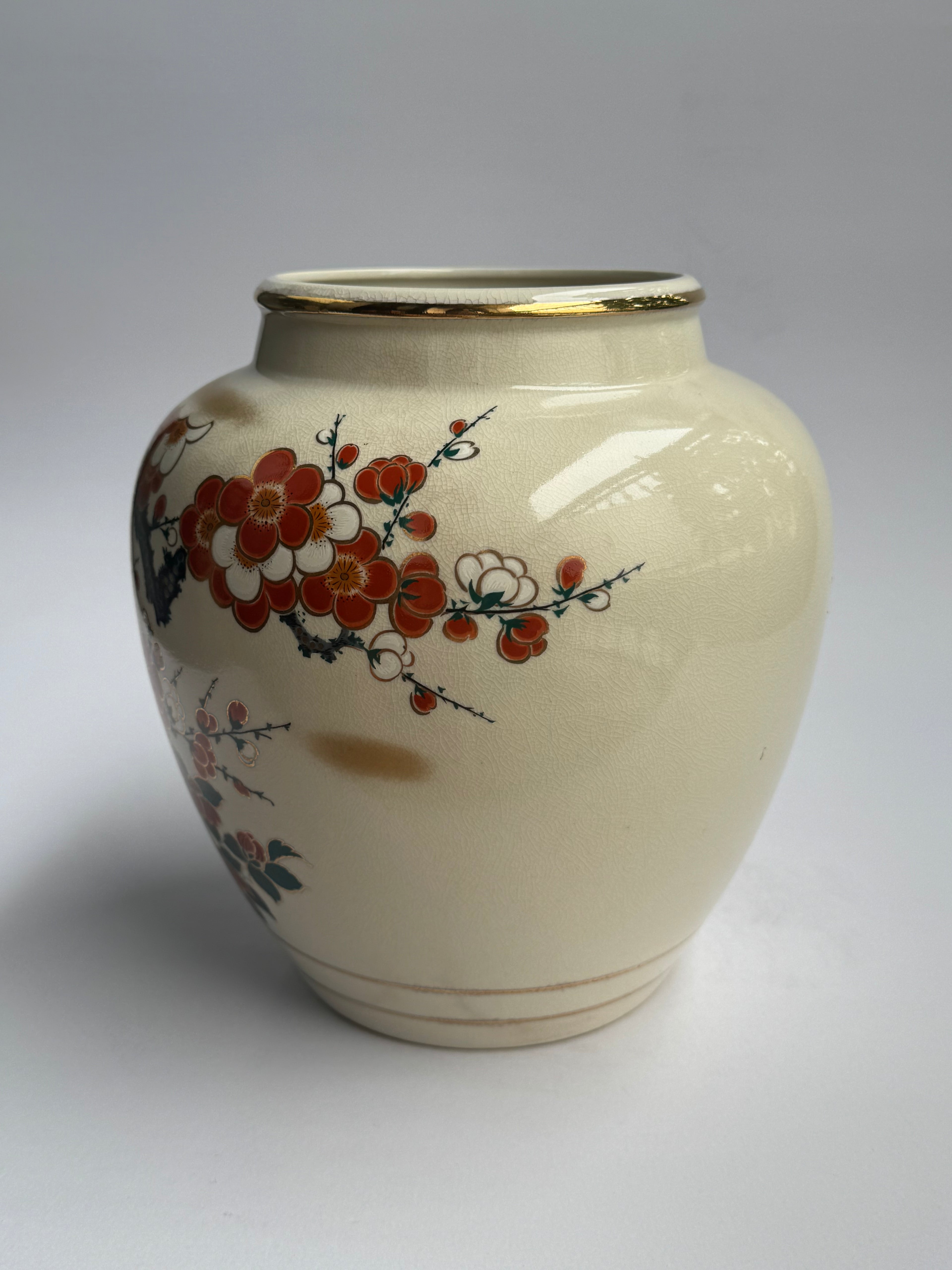 Vintage Kutani Vase with Red Plum Blossoms - Hand-Painted Japanese Porcelain