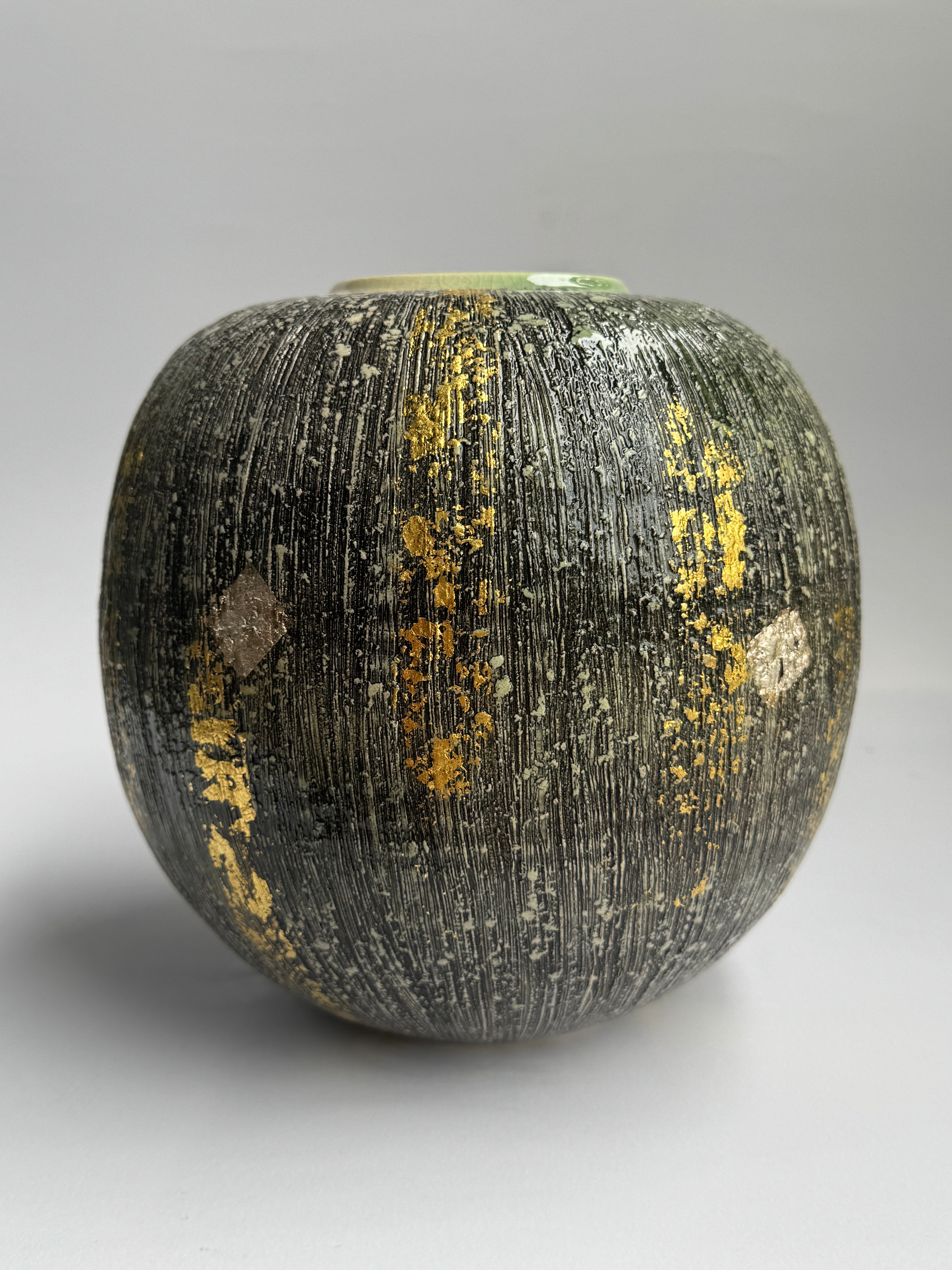 Vase in the Style of Masafumi Fujiwara– Moss Green Textured Glaze with Hand-Applied Gold Leaf
