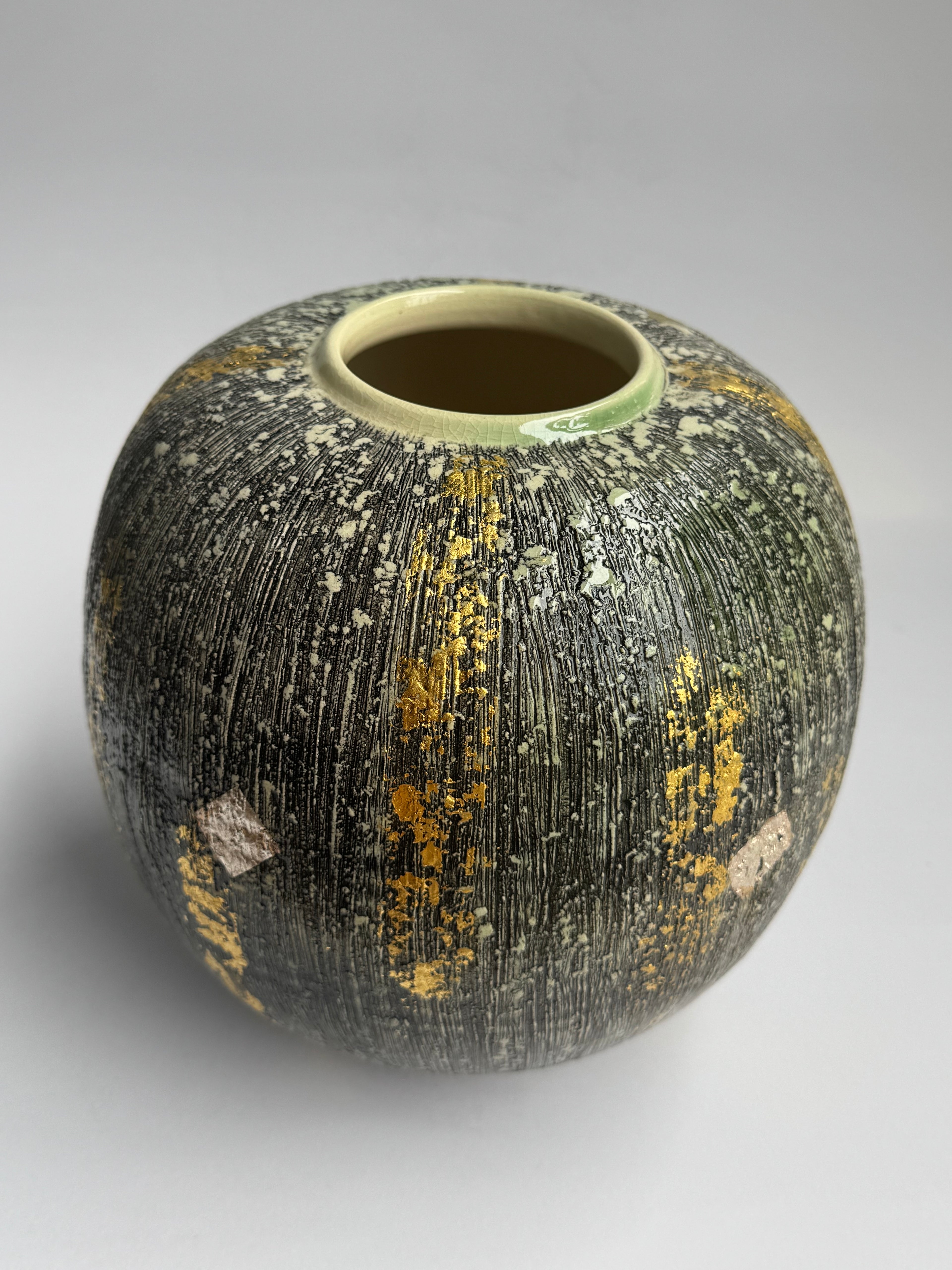 Vase in the Style of Masafumi Fujiwara– Moss Green Textured Glaze with Hand-Applied Gold Leaf