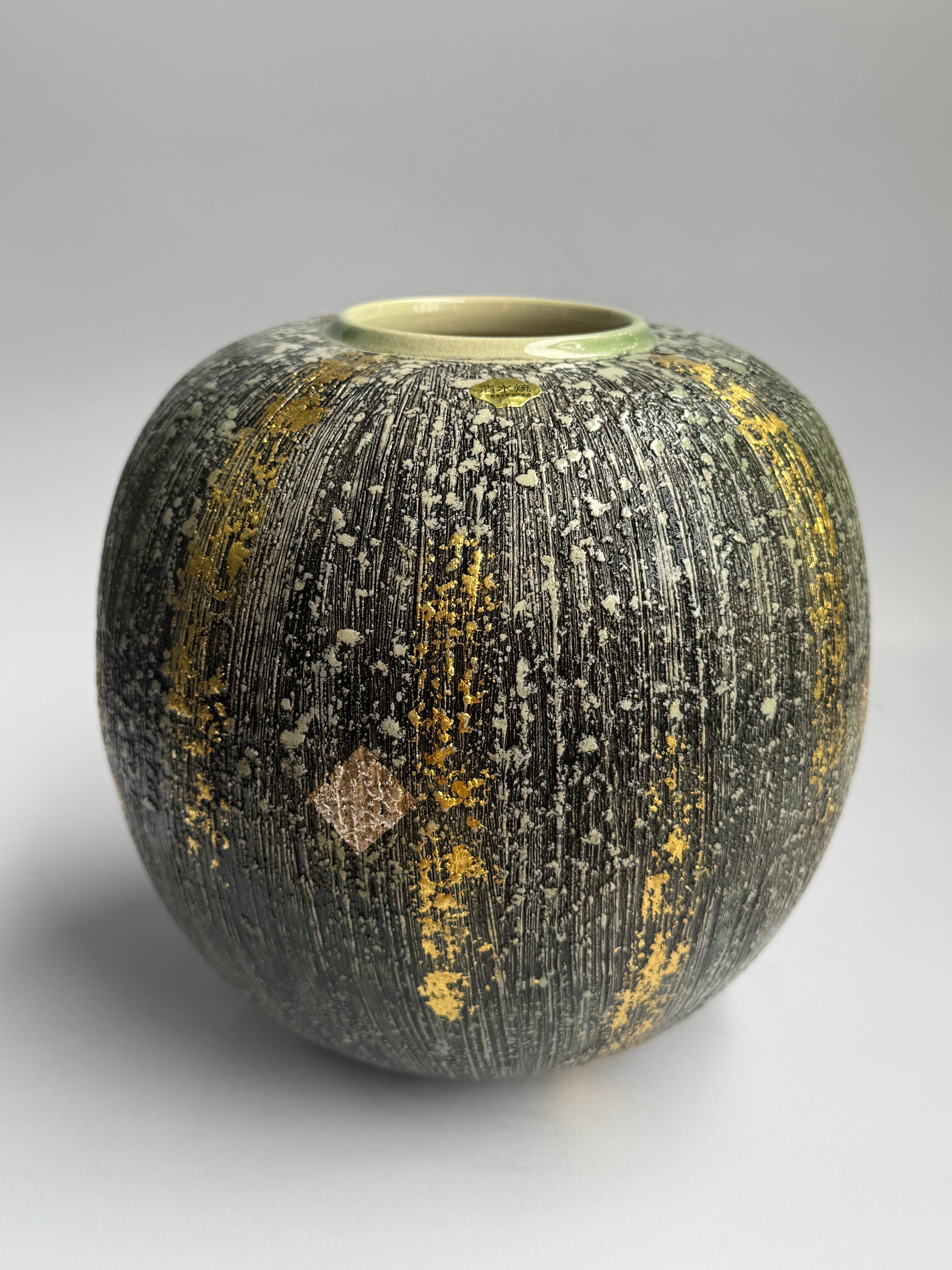 Vase in the Style of Masafumi Fujiwara– Moss Green Textured Glaze with Hand-Applied Gold Leaf