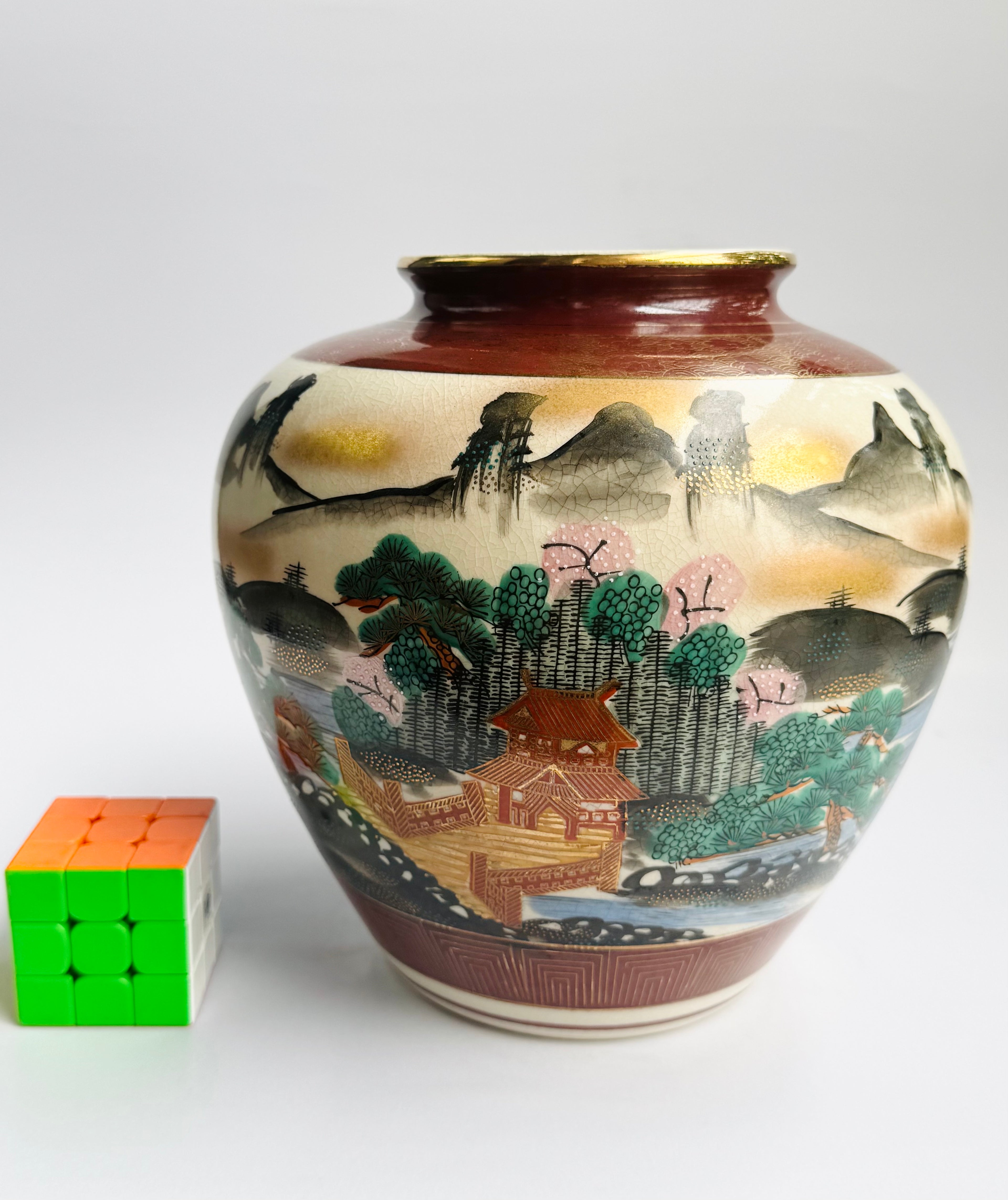 Kutani Japanese Temple Landscape Vase – Hand-Painted Pagoda, Mountains & Scenic Art on Ivory Porcelain