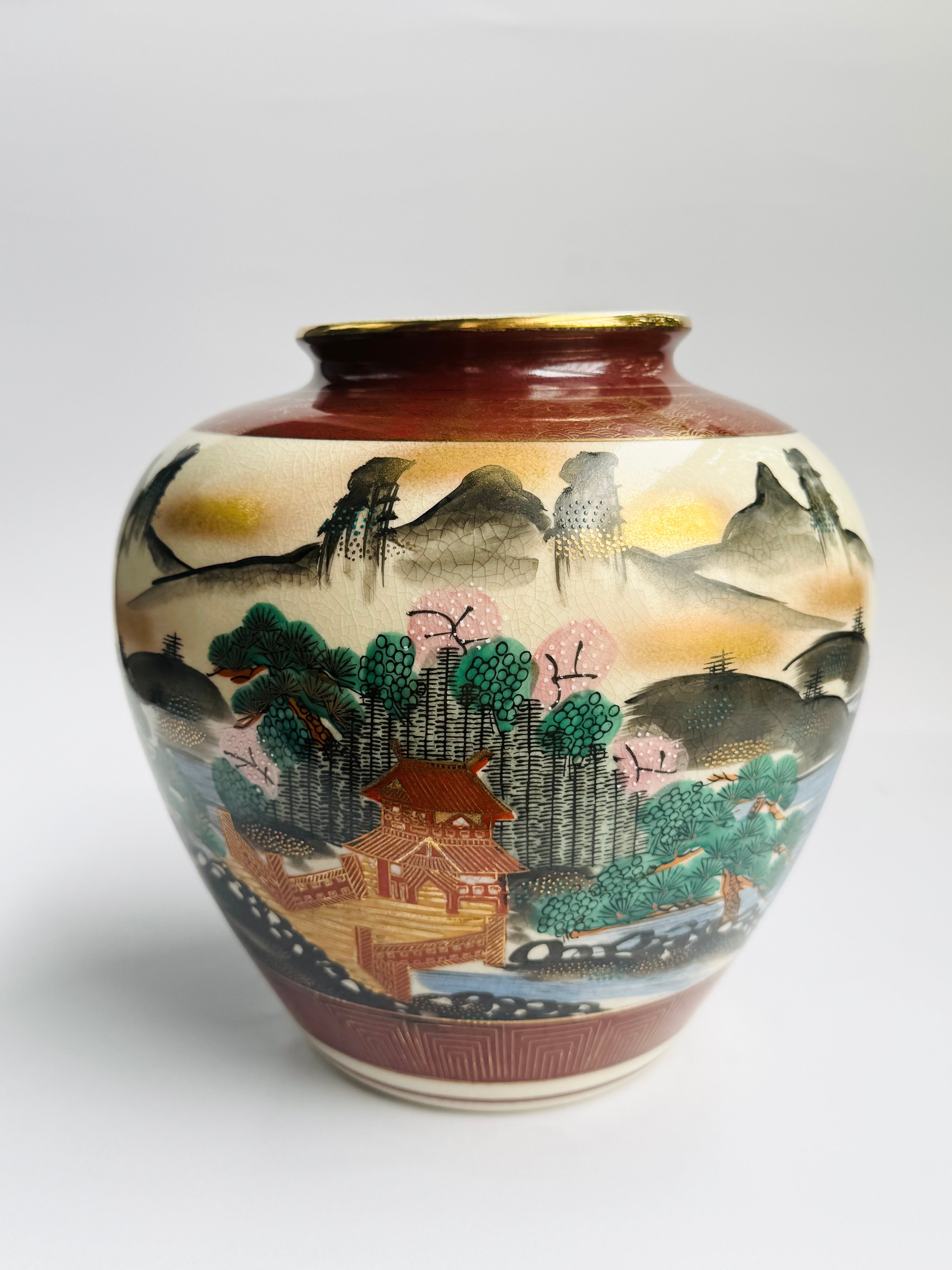 Kutani Japanese Temple Landscape Vase – Hand-Painted Pagoda, Mountains & Scenic Art on Ivory Porcelain