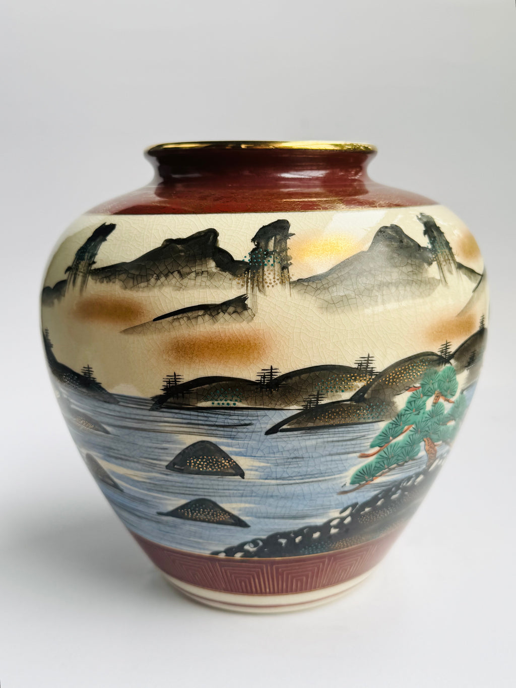 Kutani Japanese Temple Landscape Vase – Hand-Painted Pagoda, Mountains & Scenic Art on Ivory Porcelain
