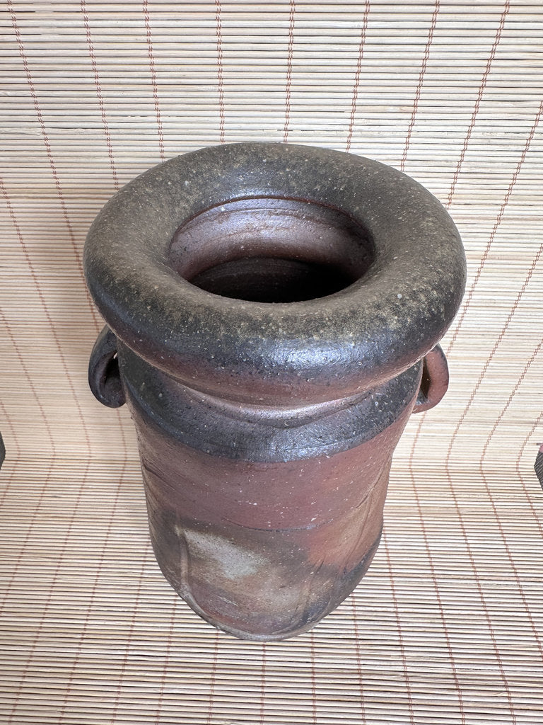 Bizen Yaki Tsubo Vase | Sangiri & Yohen Fire | Double Loop Handles | Japanese Ikebana Stoneware | Wabi-Sabi Unglazed Pottery