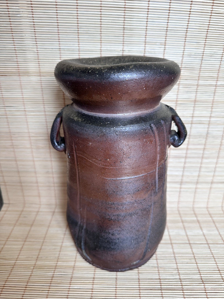 Bizen Yaki Tsubo Vase | Sangiri & Yohen Fire | Double Loop Handles | Japanese Ikebana Stoneware | Wabi-Sabi Unglazed Pottery