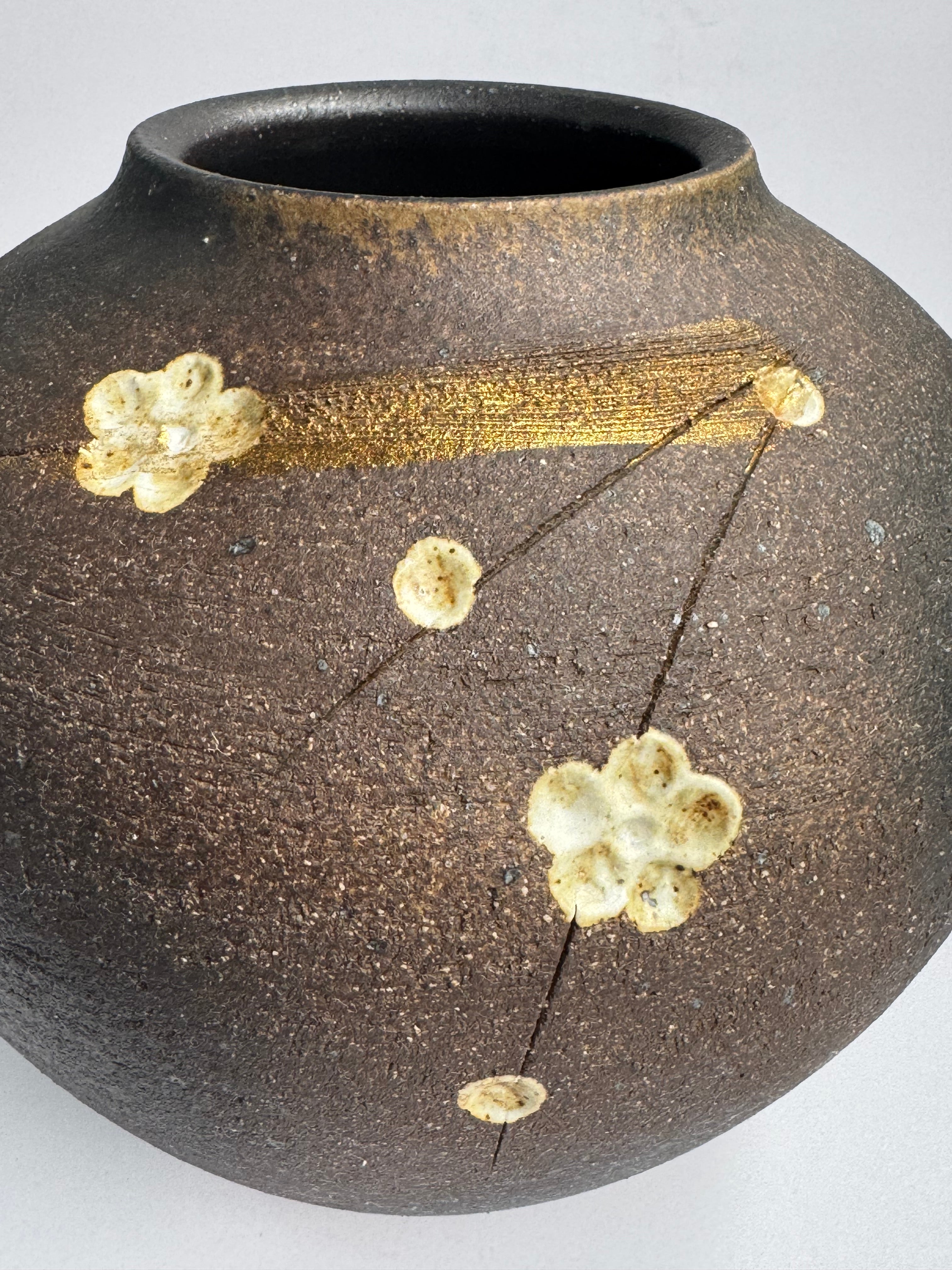 Japanese Stoneware Vase with Carved Plum Blossoms - Ash-Grey Rustic Glaze