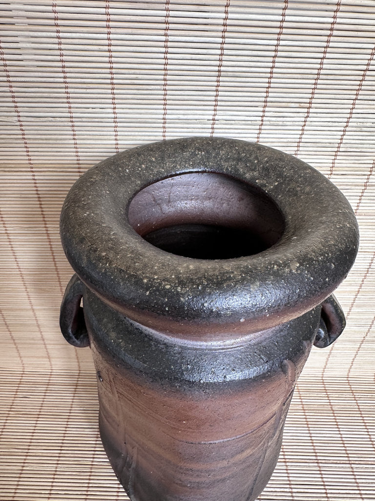 Bizen Yaki Tsubo Vase | Sangiri & Yohen Fire | Double Loop Handles | Japanese Ikebana Stoneware | Wabi-Sabi Unglazed Pottery