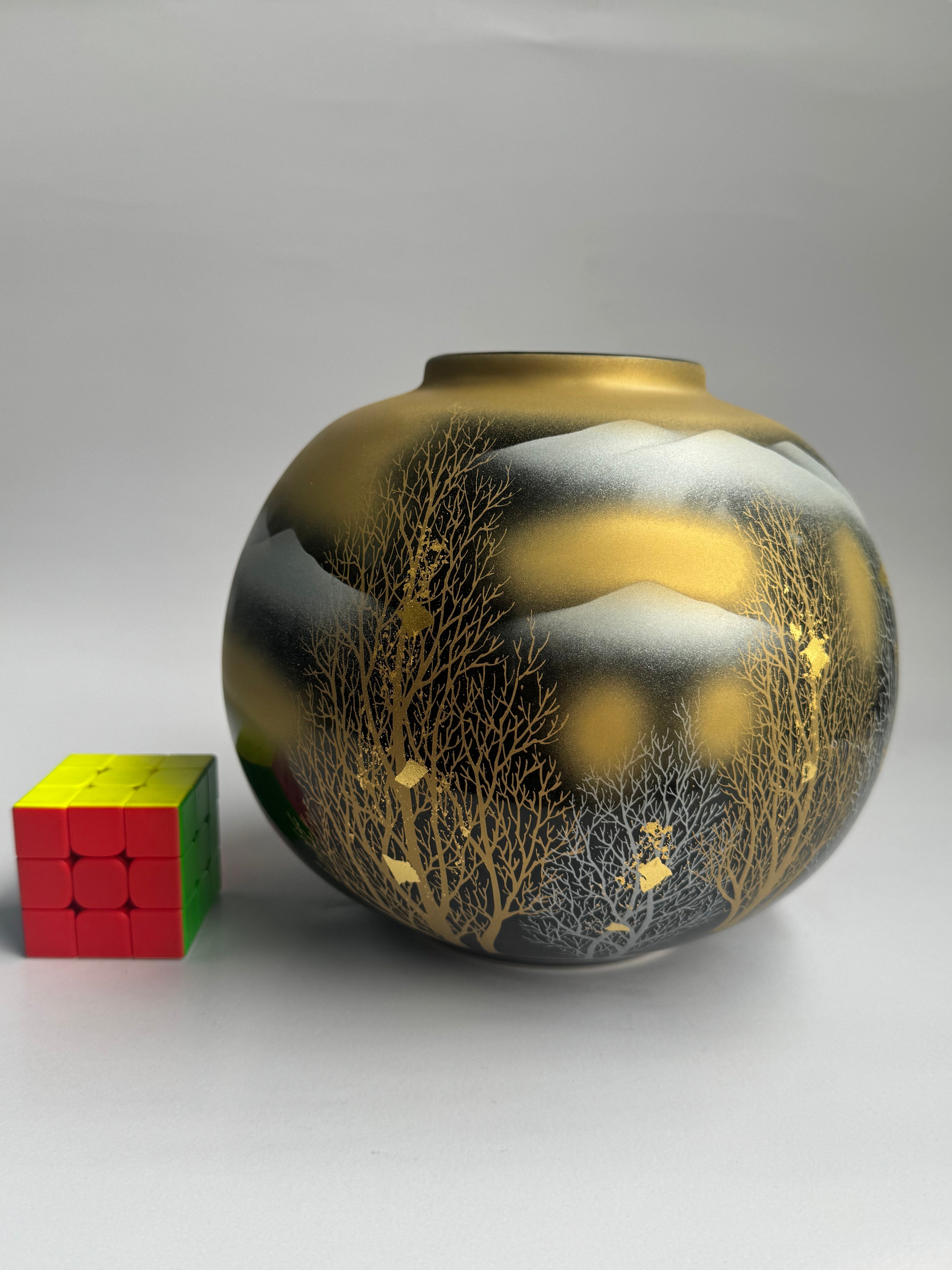 Kutani Gold-Glazed Vase with Mountain & Pine Forest Landscape - Japanese Art Pottery