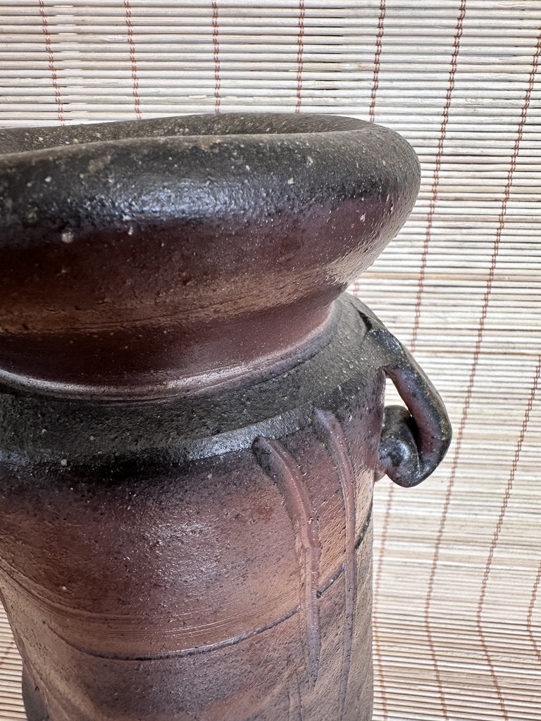 Bizen Yaki Tsubo Vase | Sangiri & Yohen Fire | Double Loop Handles | Japanese Ikebana Stoneware | Wabi-Sabi Unglazed Pottery
