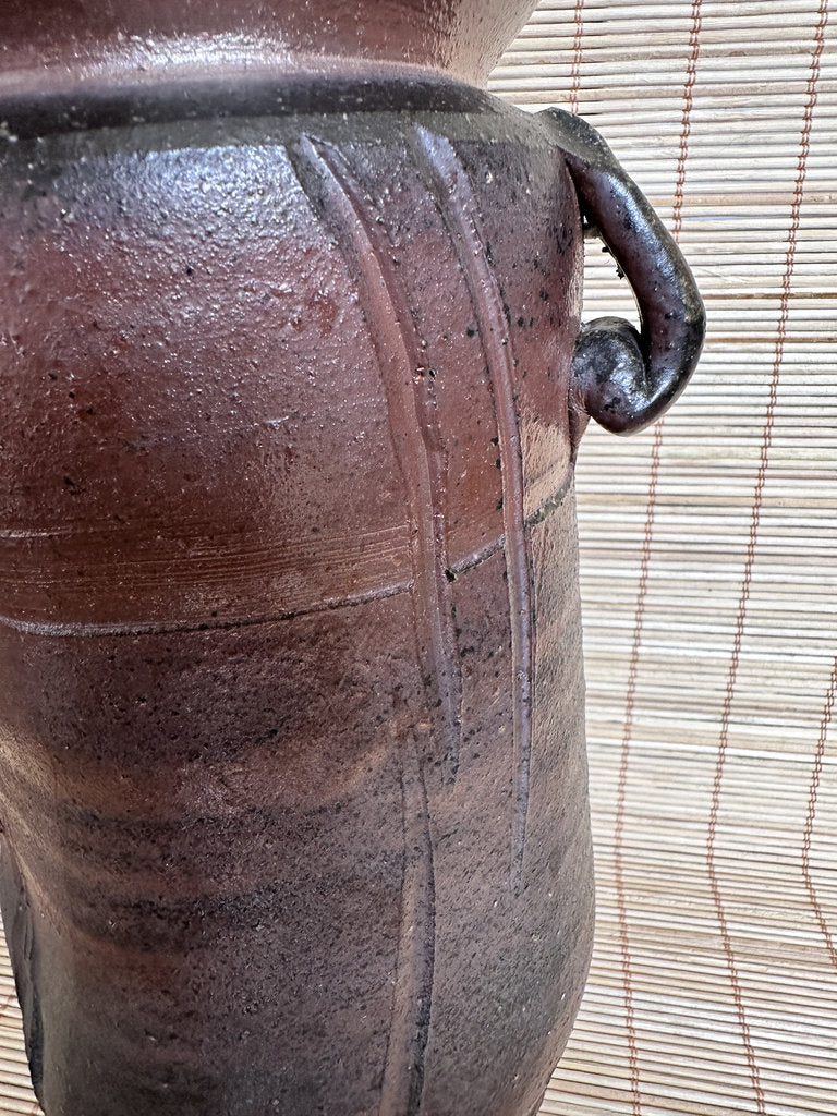 Bizen Yaki Tsubo Vase | Sangiri & Yohen Fire | Double Loop Handles | Japanese Ikebana Stoneware | Wabi-Sabi Unglazed Pottery